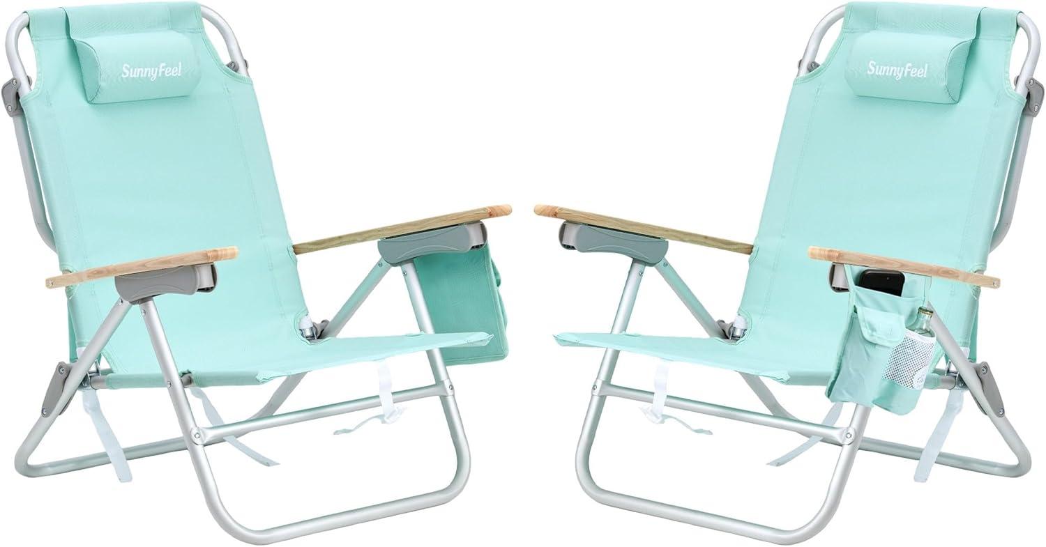 image:imageSUNNYFEEL Extra Wide 28 Low Beach Chair 5 Position Lay Flat XL Oversized Portable Folding Camping Chairs with Cup Holder for OutdoorTrip Lightweight Foldable Backpack Beach Chair for AdultsGreen