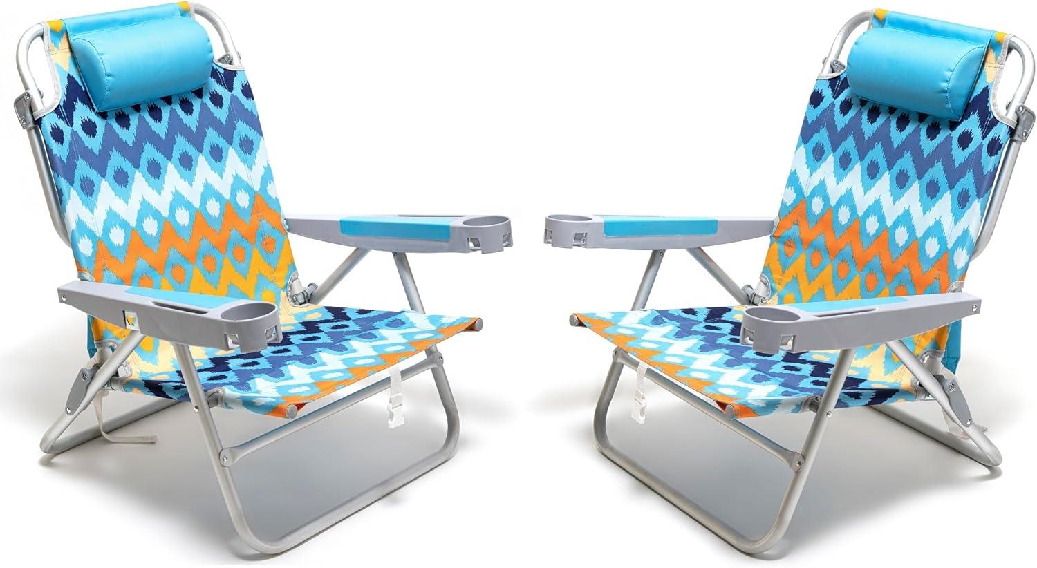 image:imageSUNNYFEEL Extra Wide 28 Low Beach Chair 5 Position Lay Flat XL Oversized Portable Folding Camping Chairs with Cup Holder for OutdoorTrip Lightweight Foldable Backpack Beach Chair for AdultsBlue Wave