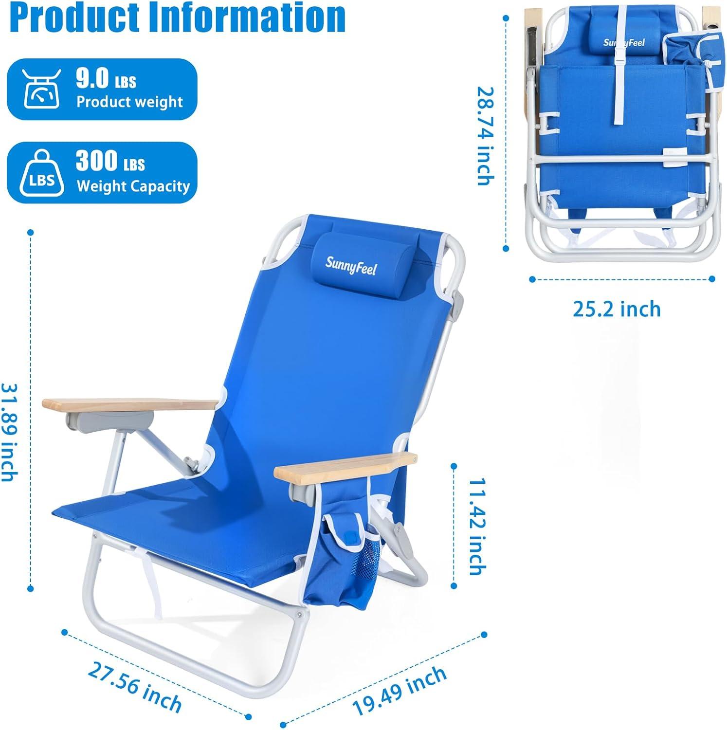 image:imageSUNNYFEEL Extra Wide 28 Low Beach Chair 5 Position Lay Flat XL Oversized Portable Folding Camping Chairs with Cup Holder for OutdoorTrip Lightweight Foldable Backpack Beach Chair for AdultsBlue