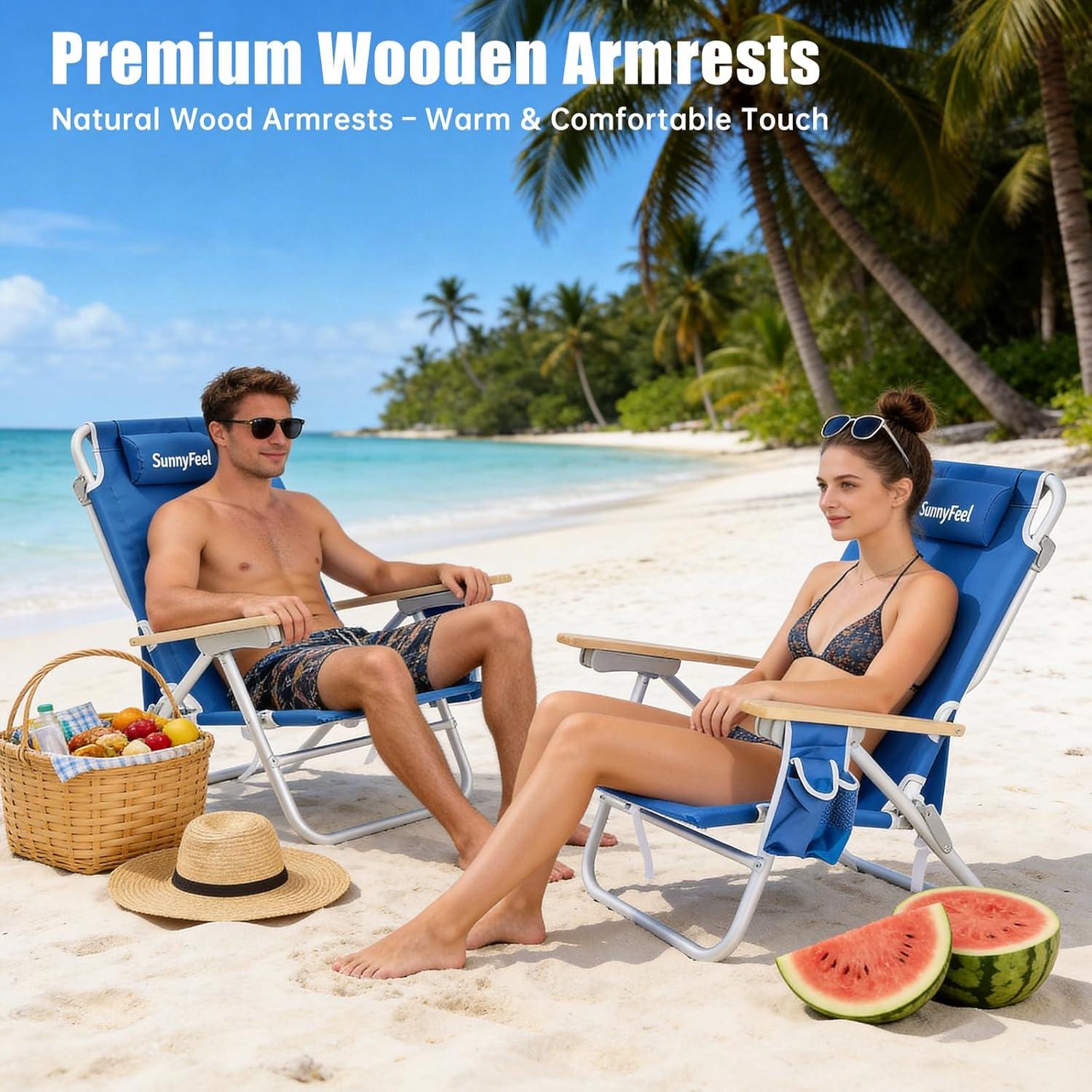 image:imageSUNNYFEEL Extra Wide 28 Low Beach Chair 5 Position Lay Flat XL Oversized Portable Folding Camping Chairs with Cup Holder for OutdoorTrip Lightweight Foldable Backpack Beach Chair for AdultsBlue