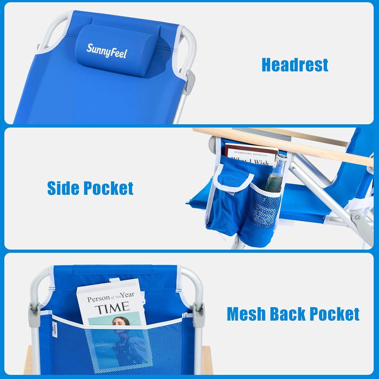 image:imageSUNNYFEEL Extra Wide 28 Low Beach Chair 5 Position Lay Flat XL Oversized Portable Folding Camping Chairs with Cup Holder for OutdoorTrip Lightweight Foldable Backpack Beach Chair for AdultsBlue