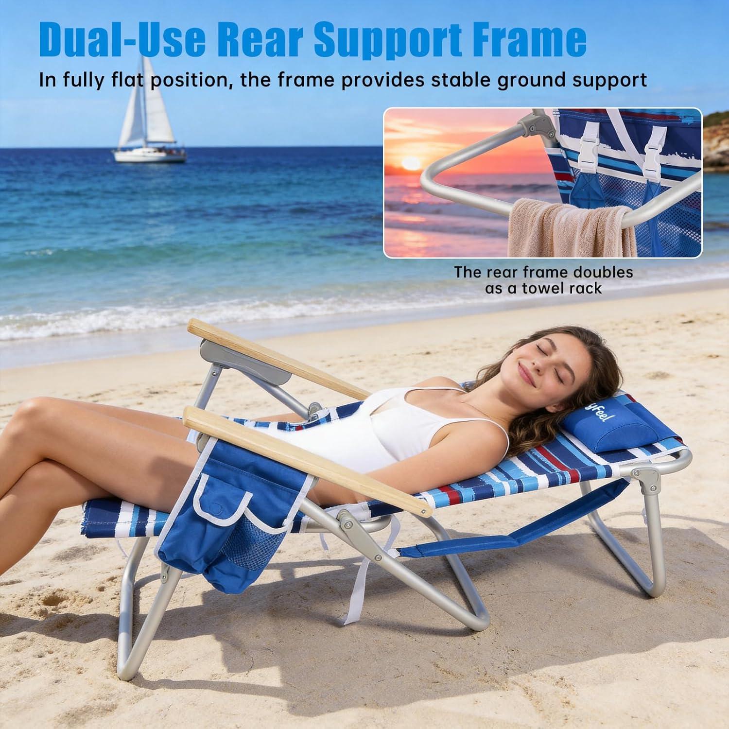 image:imageSUNNYFEEL Extra Wide 28 Low Beach Chair 5 Position Lay Flat XL Oversized Portable Folding Camping Chairs with Cup Holder for OutdoorTrip Lightweight Foldable Backpack Beach Chair for AdultsStripe