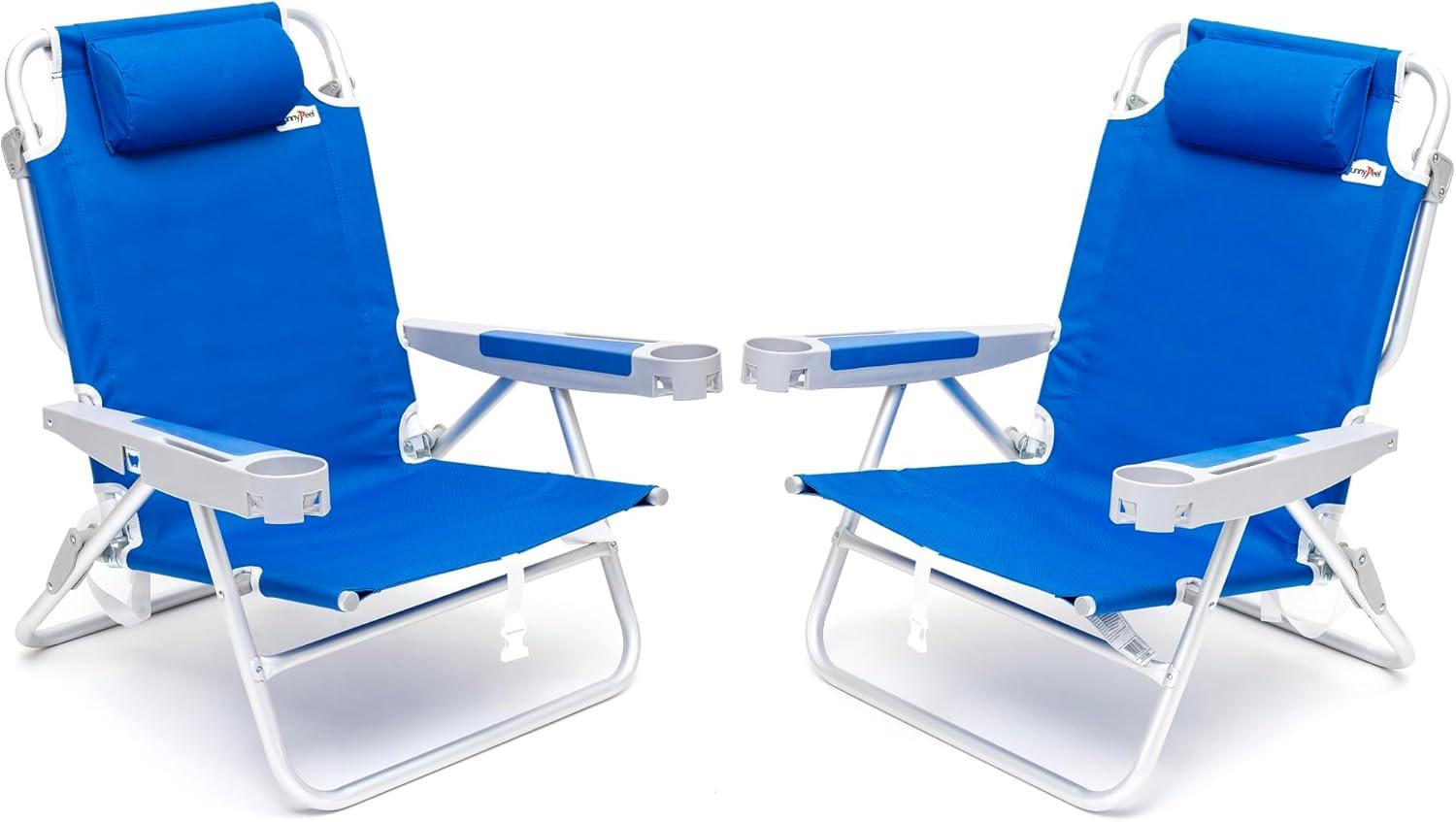 image:imageSUNNYFEEL Extra Wide 28 Low Beach Chair 5 Position Lay Flat XL Oversized Portable Folding Camping Chairs with Cup Holder for OutdoorTrip Lightweight Foldable Backpack Beach Chair for AdultsNavy Blue