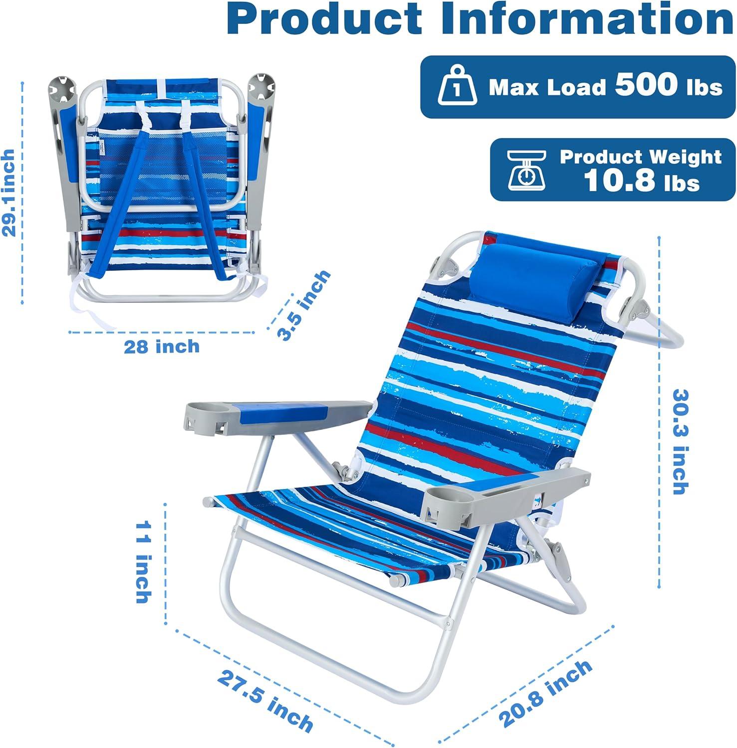 image:imageSUNNYFEEL Extra Wide 28 Low Beach Chair 5 Position Lay Flat XL Oversized Portable Folding Camping Chairs with Cup Holder for OutdoorTrip Lightweight Foldable Backpack Beach Chair for AdultsDarkblue Stripe