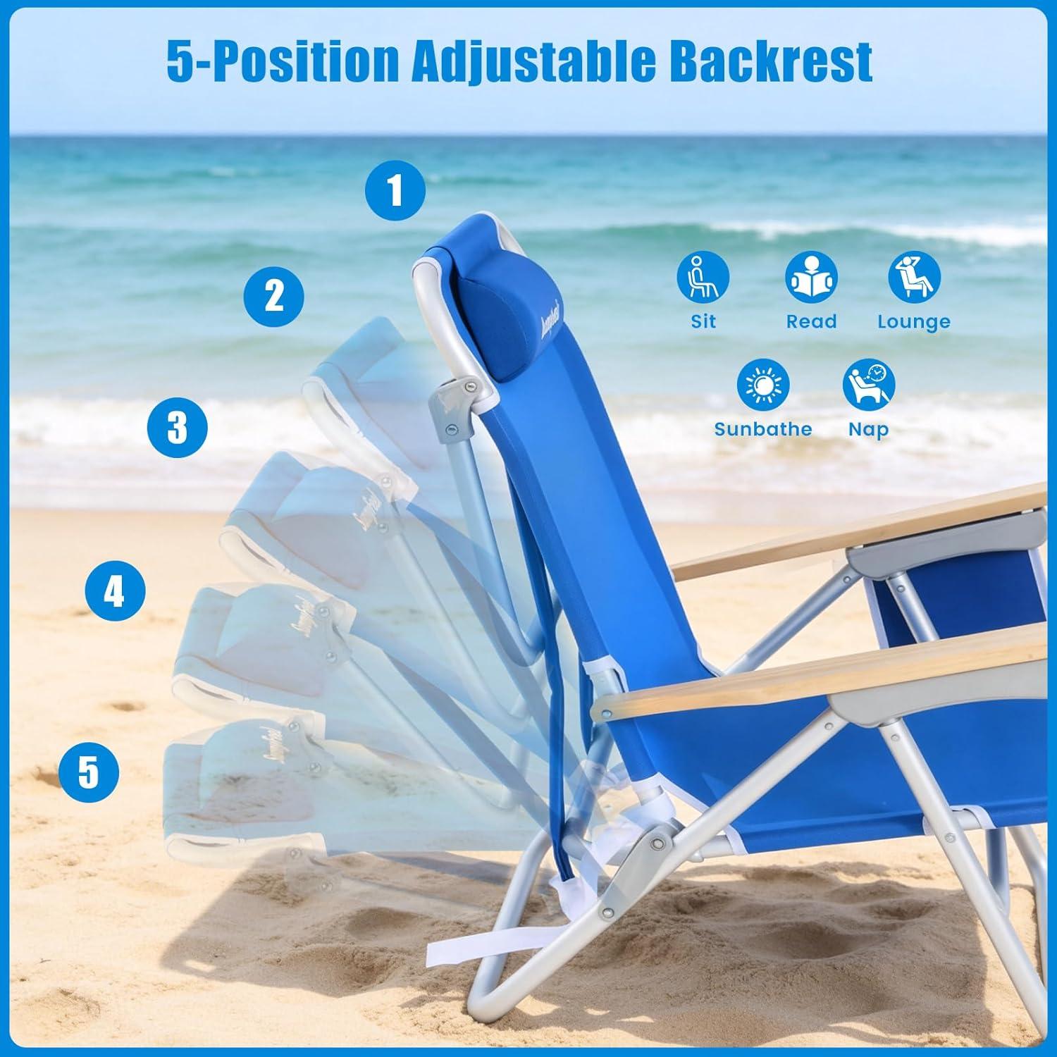 image:imageSUNNYFEEL Extra Wide 28 Low Beach Chair 5 Position Lay Flat XL Oversized Portable Folding Camping Chairs with Cup Holder for OutdoorTrip Lightweight Foldable Backpack Beach Chair for AdultsBlue
