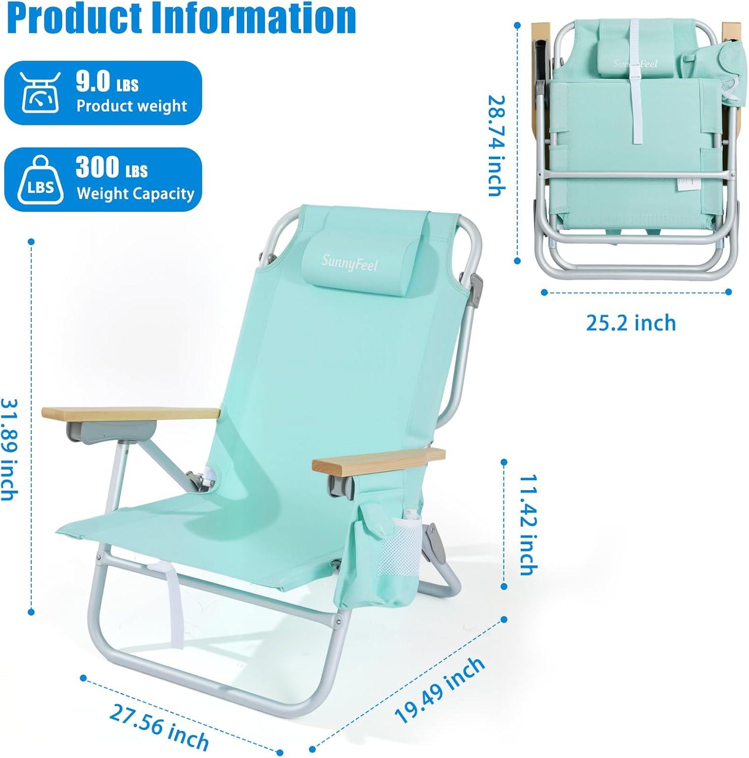 image:imageSUNNYFEEL Extra Wide 28 Low Beach Chair 5 Position Lay Flat XL Oversized Portable Folding Camping Chairs with Cup Holder for OutdoorTrip Lightweight Foldable Backpack Beach Chair for AdultsGreen