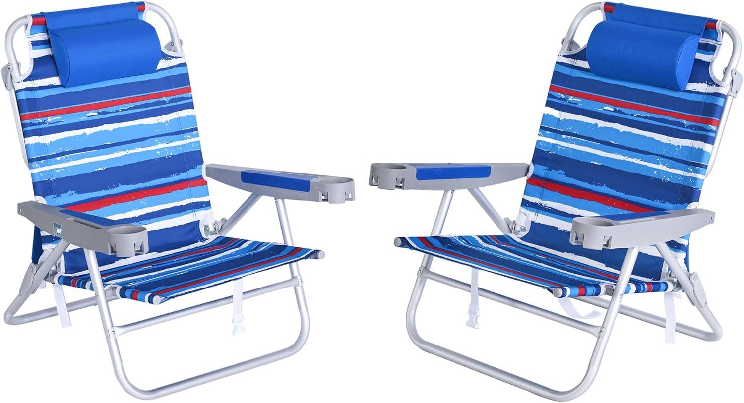 image:imageSUNNYFEEL Extra Wide 28 Low Beach Chair 5 Position Lay Flat XL Oversized Portable Folding Camping Chairs with Cup Holder for OutdoorTrip Lightweight Foldable Backpack Beach Chair for AdultsDarkblue Stripe