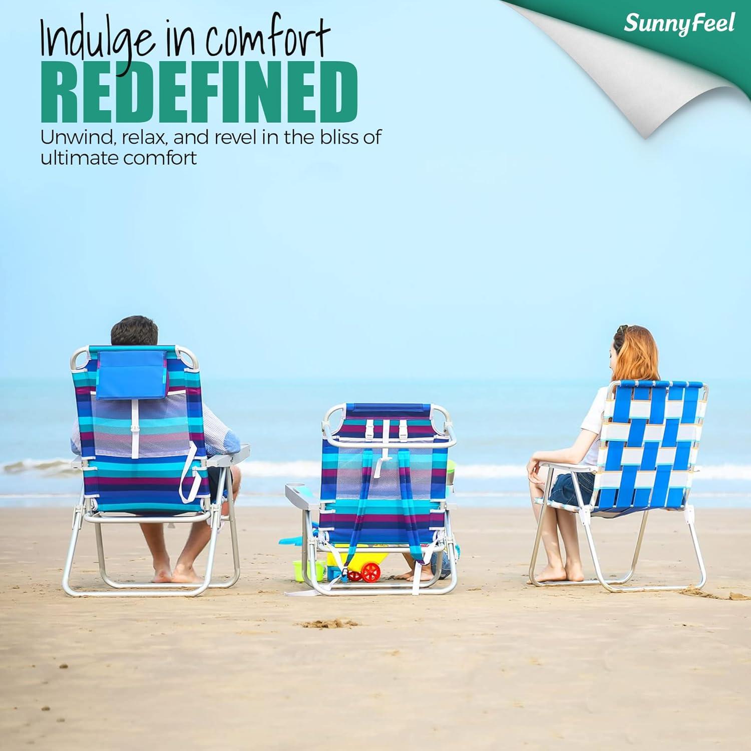 image:imageSUNNYFEEL Extra Wide 28 Low Beach Chair 5 Position Lay Flat XL Oversized Portable Folding Camping Chairs with Cup Holder for OutdoorTrip Lightweight Foldable Backpack Beach Chair for AdultsBlue Wave