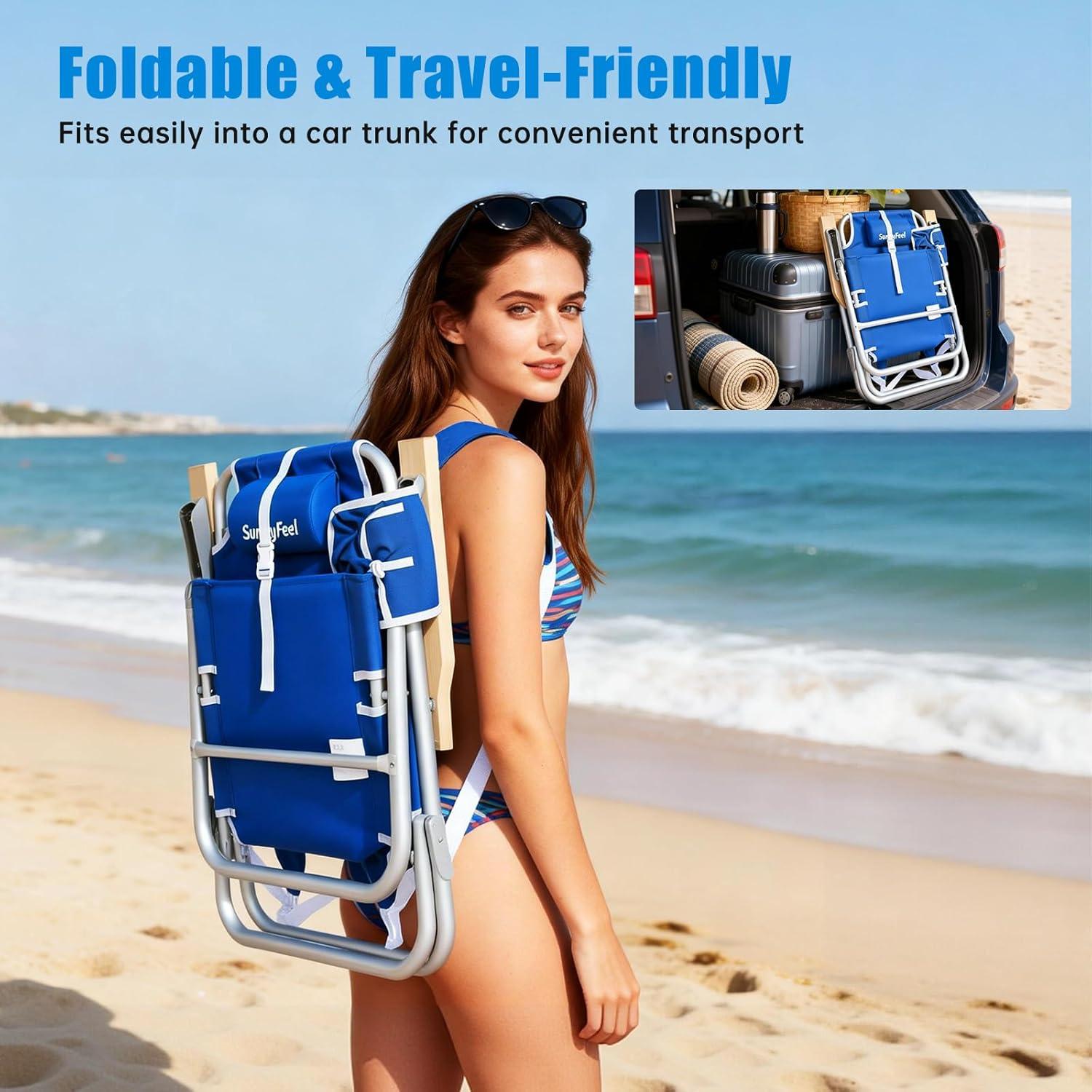 image:imageSUNNYFEEL Extra Wide 28 Low Beach Chair 5 Position Lay Flat XL Oversized Portable Folding Camping Chairs with Cup Holder for OutdoorTrip Lightweight Foldable Backpack Beach Chair for AdultsBlue