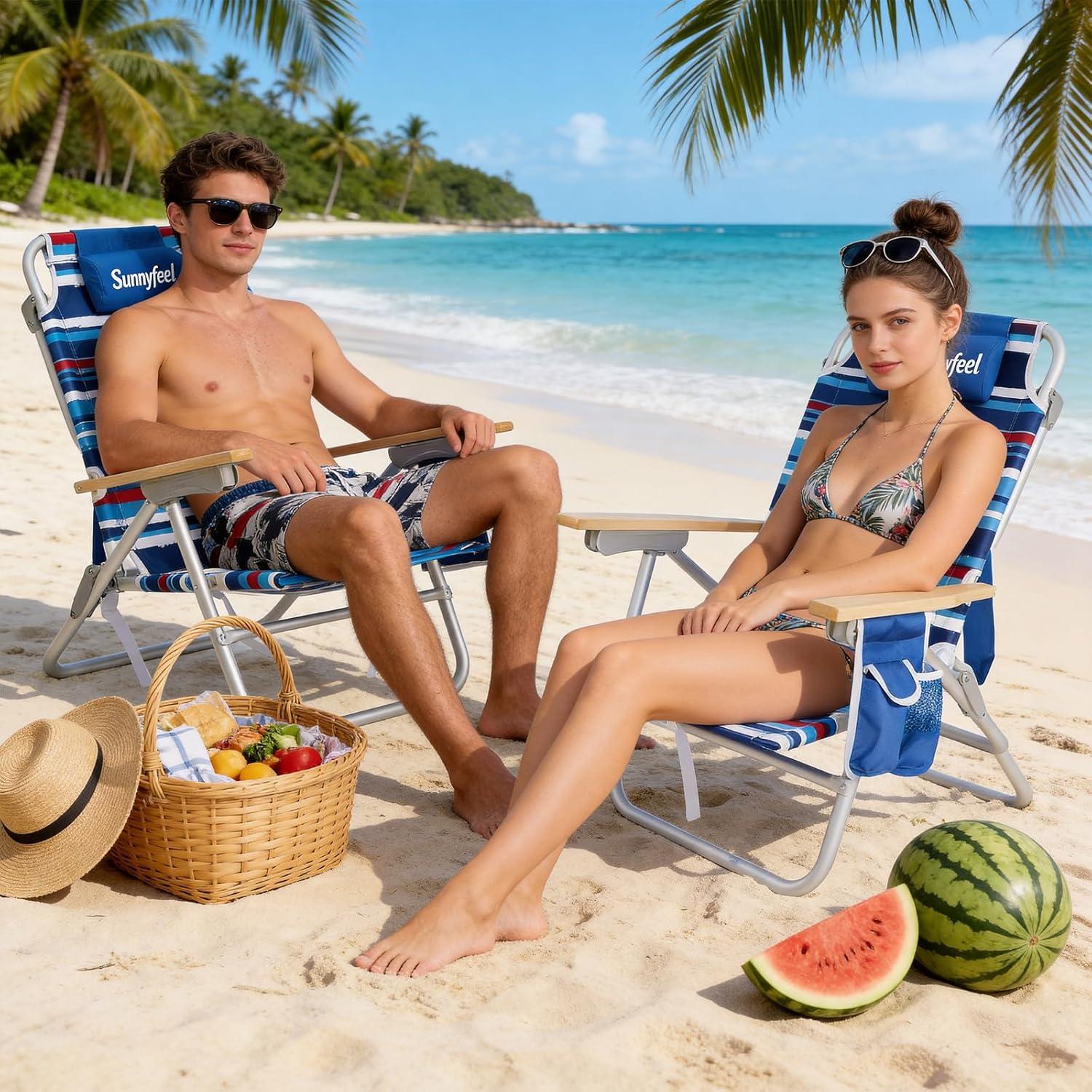 image:imageSUNNYFEEL Extra Wide 28 Low Beach Chair 5 Position Lay Flat XL Oversized Portable Folding Camping Chairs with Cup Holder for OutdoorTrip Lightweight Foldable Backpack Beach Chair for AdultsStripe