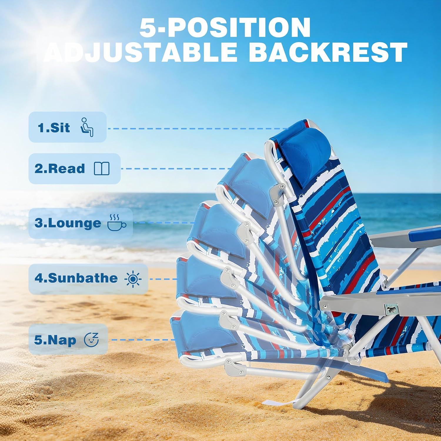 image:imageSUNNYFEEL Extra Wide 28 Low Beach Chair 5 Position Lay Flat XL Oversized Portable Folding Camping Chairs with Cup Holder for OutdoorTrip Lightweight Foldable Backpack Beach Chair for AdultsDarkblue Stripe