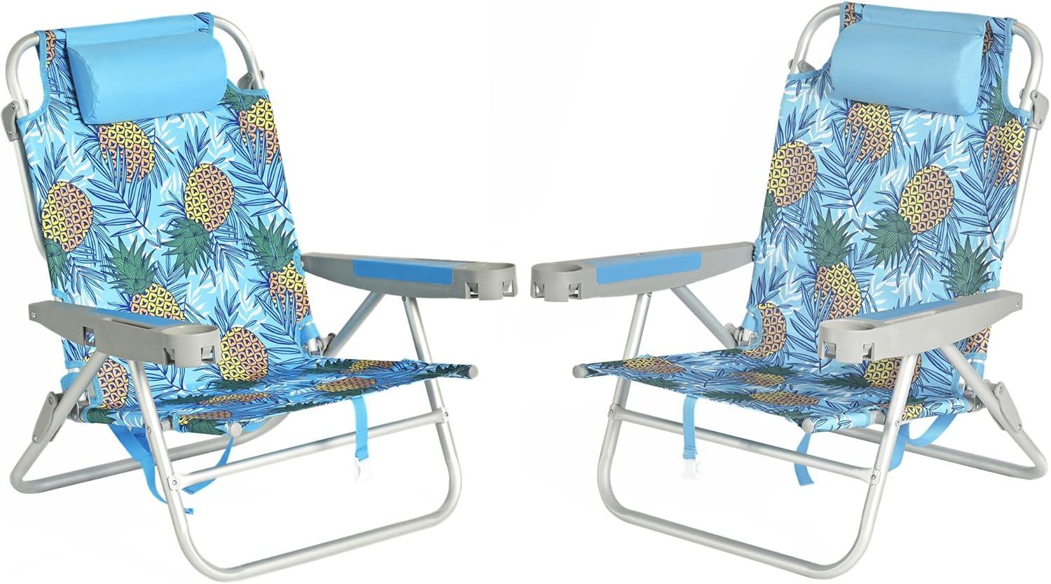 image:imageSUNNYFEEL Extra Wide 28 Low Beach Chair 5 Position Lay Flat XL Oversized Portable Folding Camping Chairs with Cup Holder for OutdoorTrip Lightweight Foldable Backpack Beach Chair for AdultsBlue Pineapple