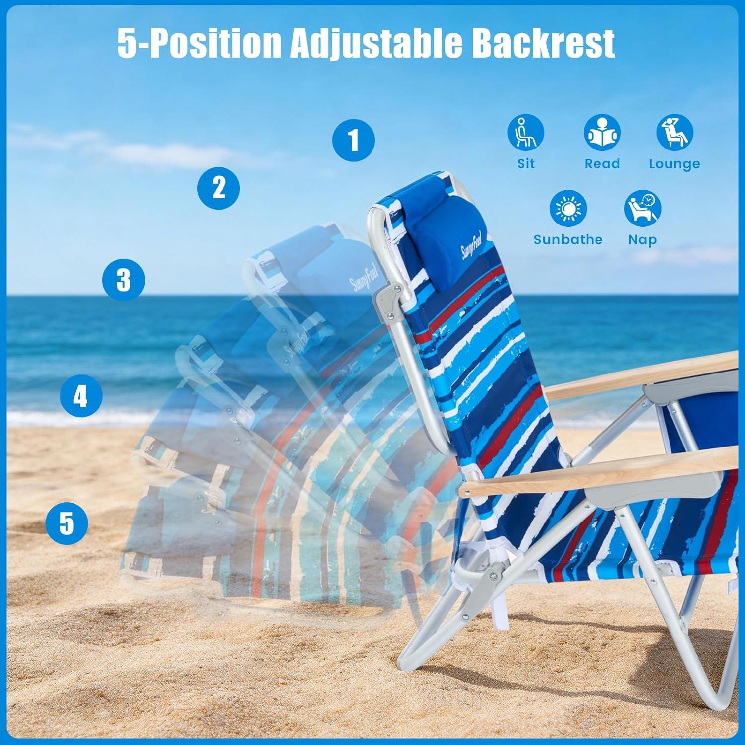 image:imageSUNNYFEEL Extra Wide 28 Low Beach Chair 5 Position Lay Flat XL Oversized Portable Folding Camping Chairs with Cup Holder for OutdoorTrip Lightweight Foldable Backpack Beach Chair for AdultsStripe