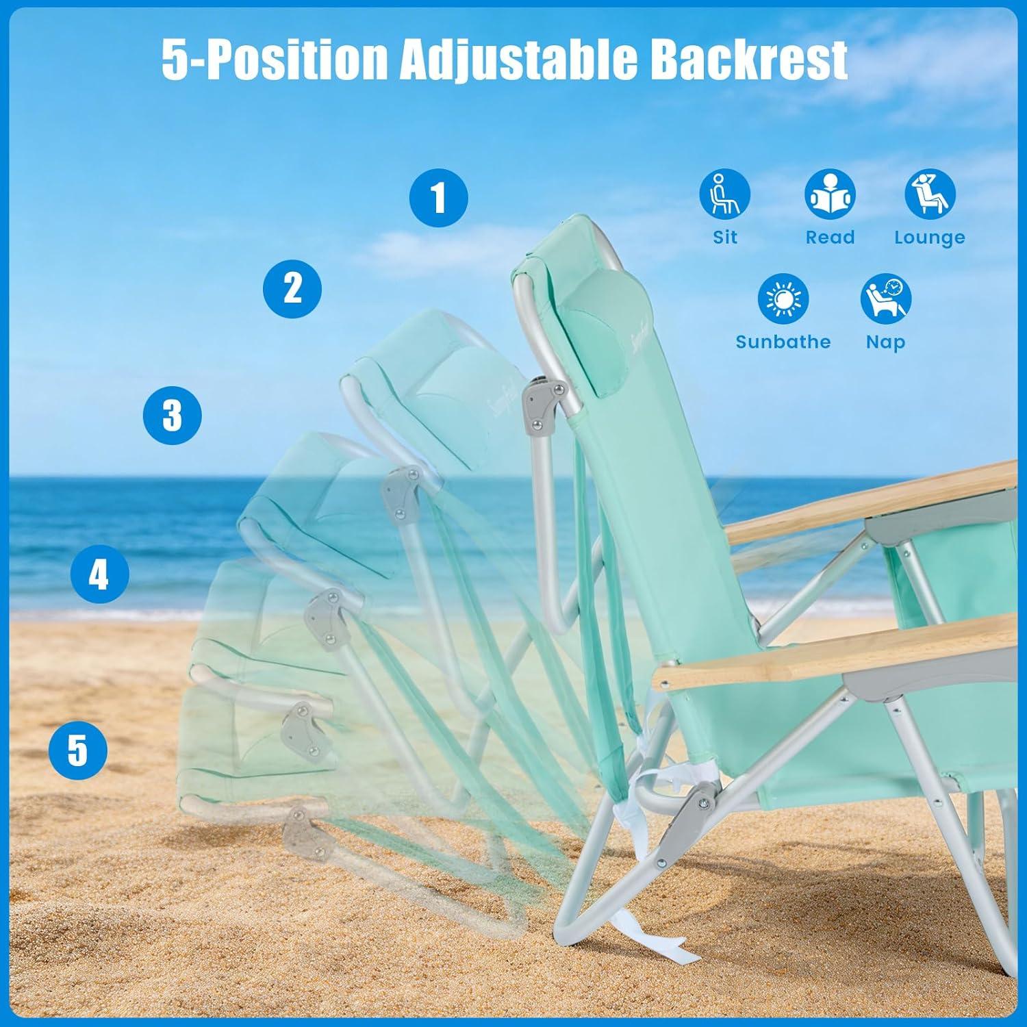 image:imageSUNNYFEEL Extra Wide 28 Low Beach Chair 5 Position Lay Flat XL Oversized Portable Folding Camping Chairs with Cup Holder for OutdoorTrip Lightweight Foldable Backpack Beach Chair for AdultsGreen