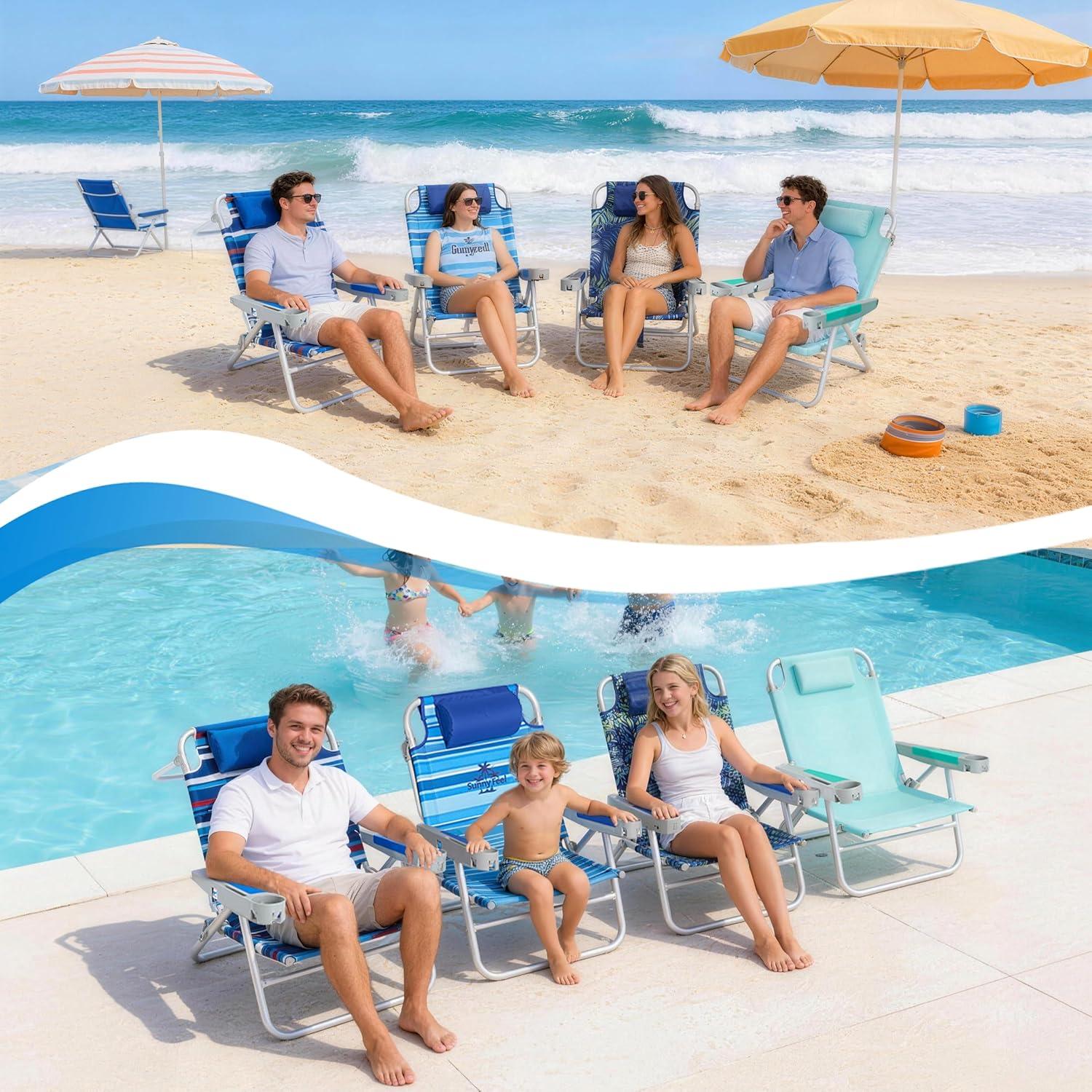 image:imageSUNNYFEEL Extra Wide 28 Low Beach Chair 5 Position Lay Flat XL Oversized Portable Folding Camping Chairs with Cup Holder for OutdoorTrip Lightweight Foldable Backpack Beach Chair for AdultsRainforest
