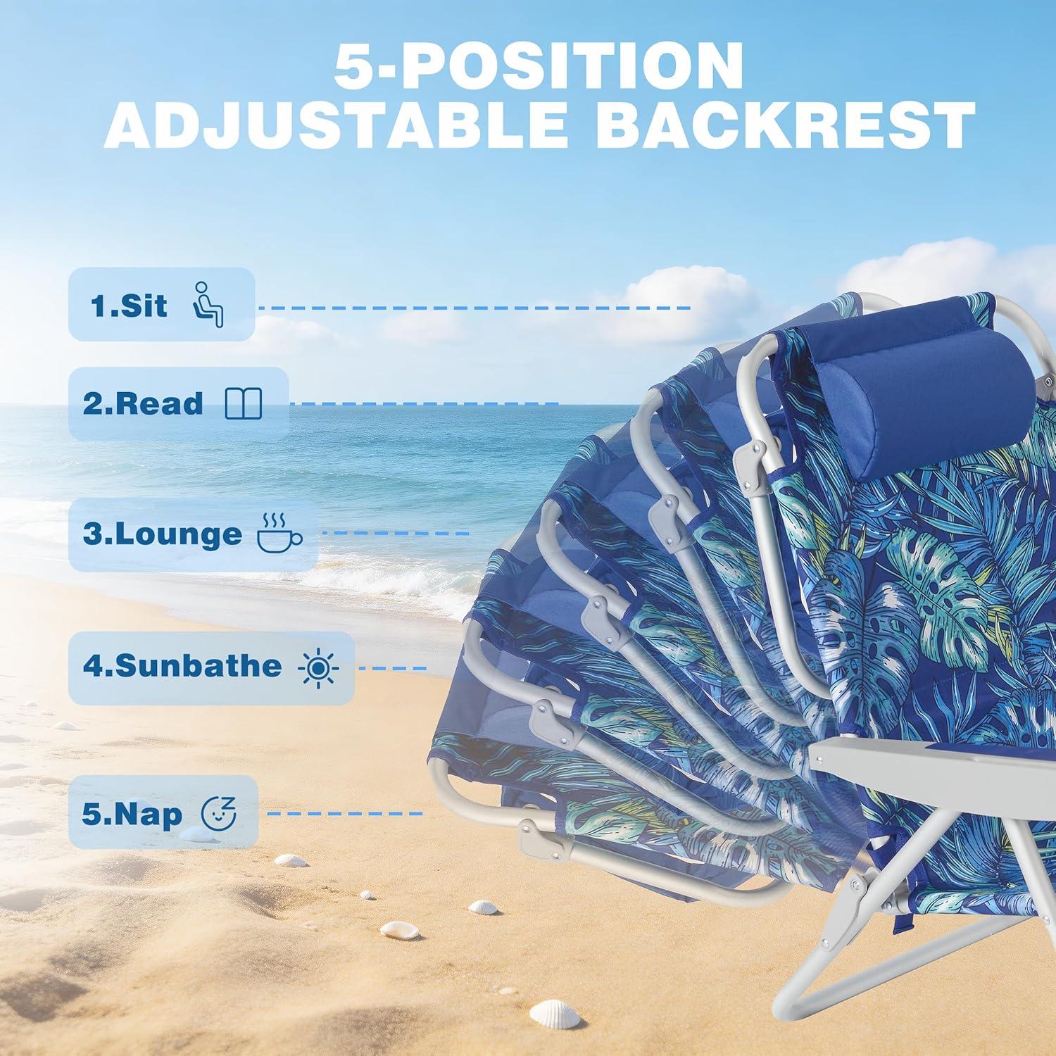 image:imageSUNNYFEEL Extra Wide 28 Low Beach Chair 5 Position Lay Flat XL Oversized Portable Folding Camping Chairs with Cup Holder for OutdoorTrip Lightweight Foldable Backpack Beach Chair for AdultsRainforest