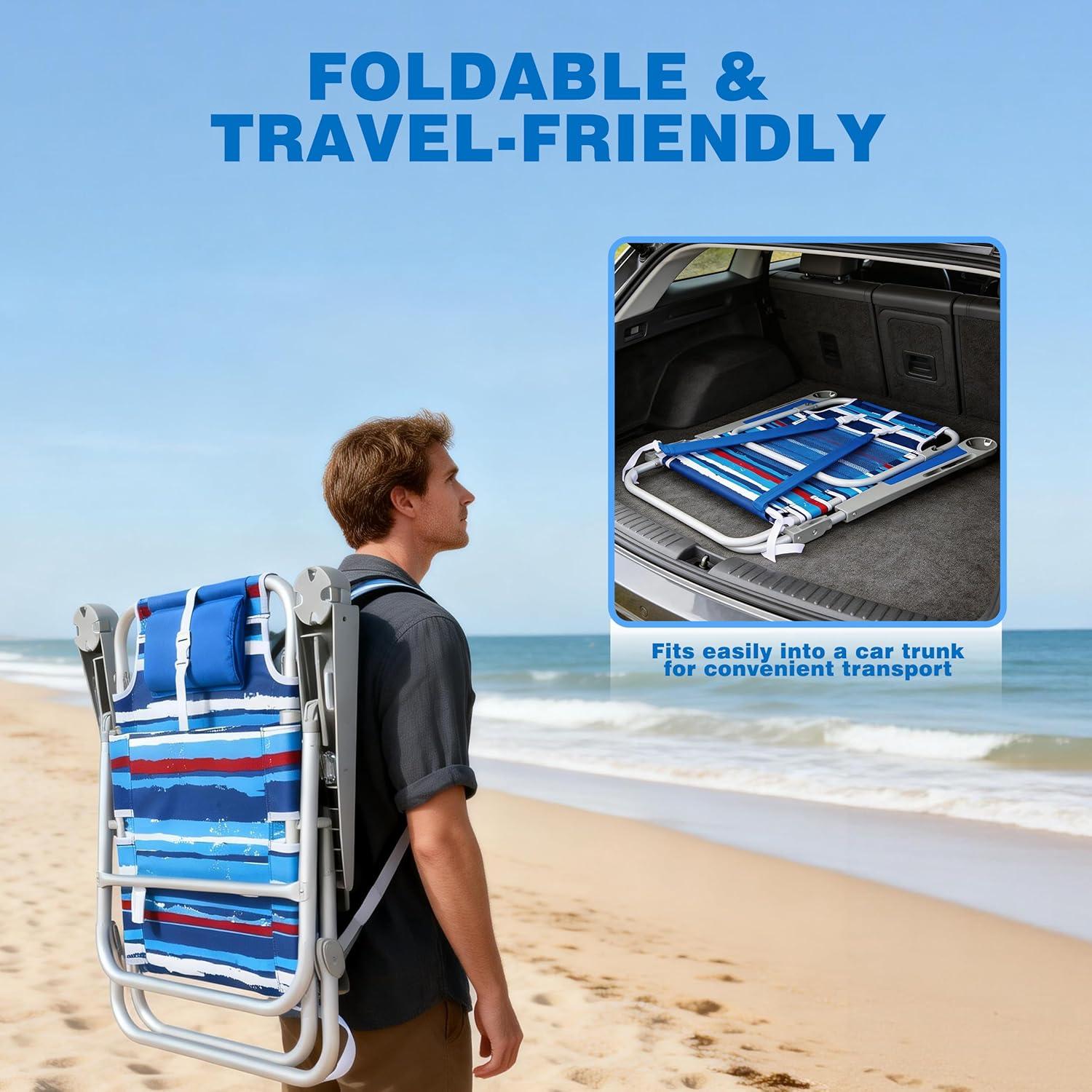 image:imageSUNNYFEEL Extra Wide 28 Low Beach Chair 5 Position Lay Flat XL Oversized Portable Folding Camping Chairs with Cup Holder for OutdoorTrip Lightweight Foldable Backpack Beach Chair for AdultsDarkblue Stripe