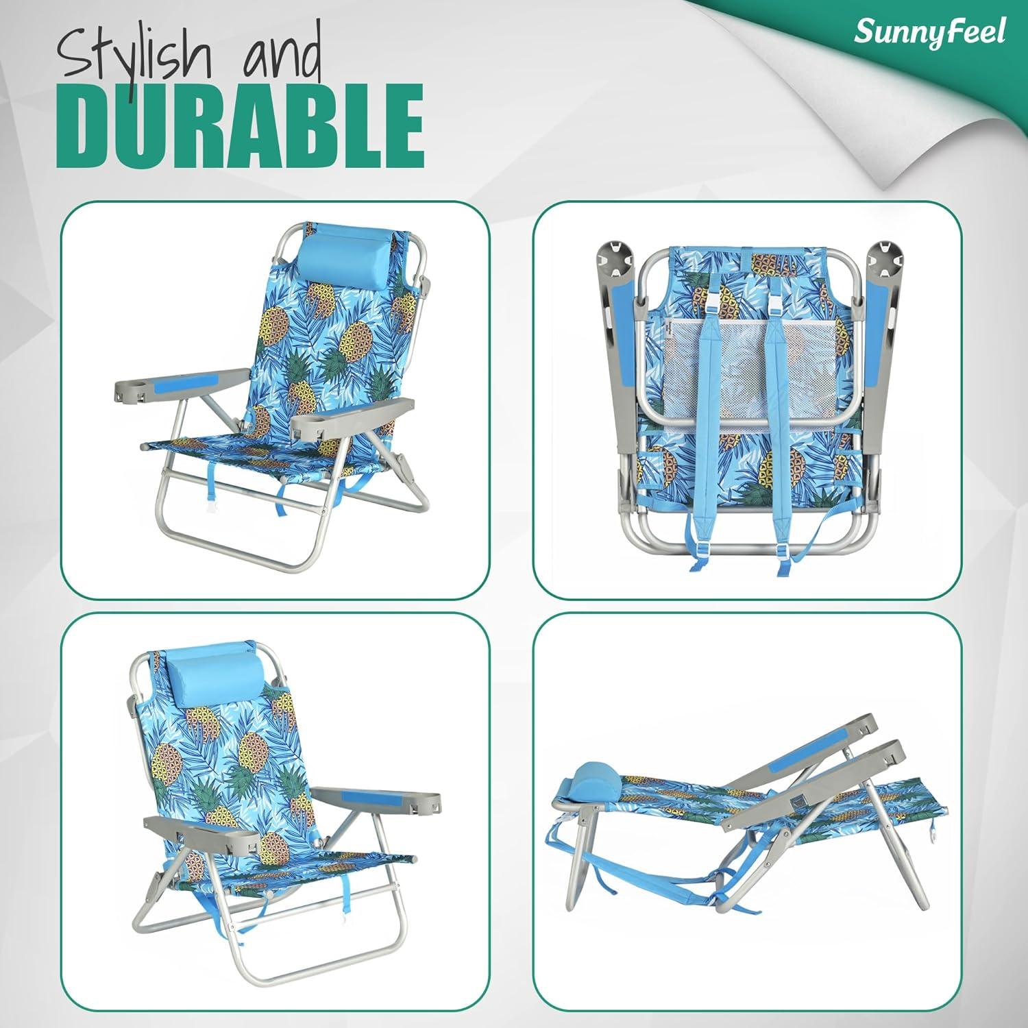 image:imageSUNNYFEEL Extra Wide 28 Low Beach Chair 5 Position Lay Flat XL Oversized Portable Folding Camping Chairs with Cup Holder for OutdoorTrip Lightweight Foldable Backpack Beach Chair for AdultsBlue Pineapple