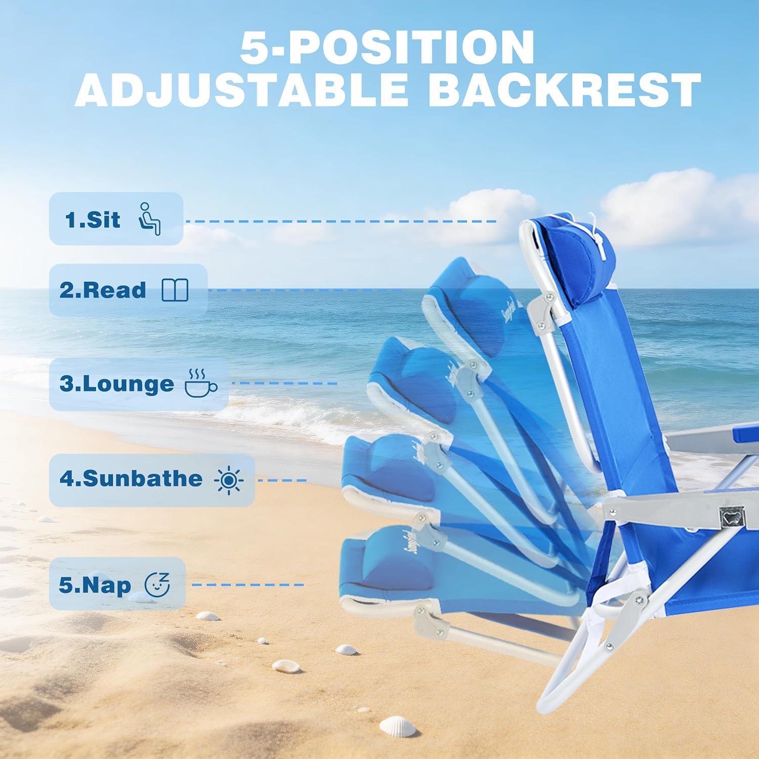 image:imageSUNNYFEEL Extra Wide 28 Low Beach Chair 5 Position Lay Flat XL Oversized Portable Folding Camping Chairs with Cup Holder for OutdoorTrip Lightweight Foldable Backpack Beach Chair for AdultsNavy Blue
