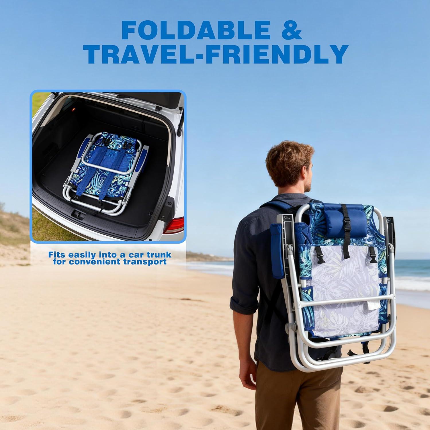 image:imageSUNNYFEEL Extra Wide 28 Low Beach Chair 5 Position Lay Flat XL Oversized Portable Folding Camping Chairs with Cup Holder for OutdoorTrip Lightweight Foldable Backpack Beach Chair for AdultsRainforest