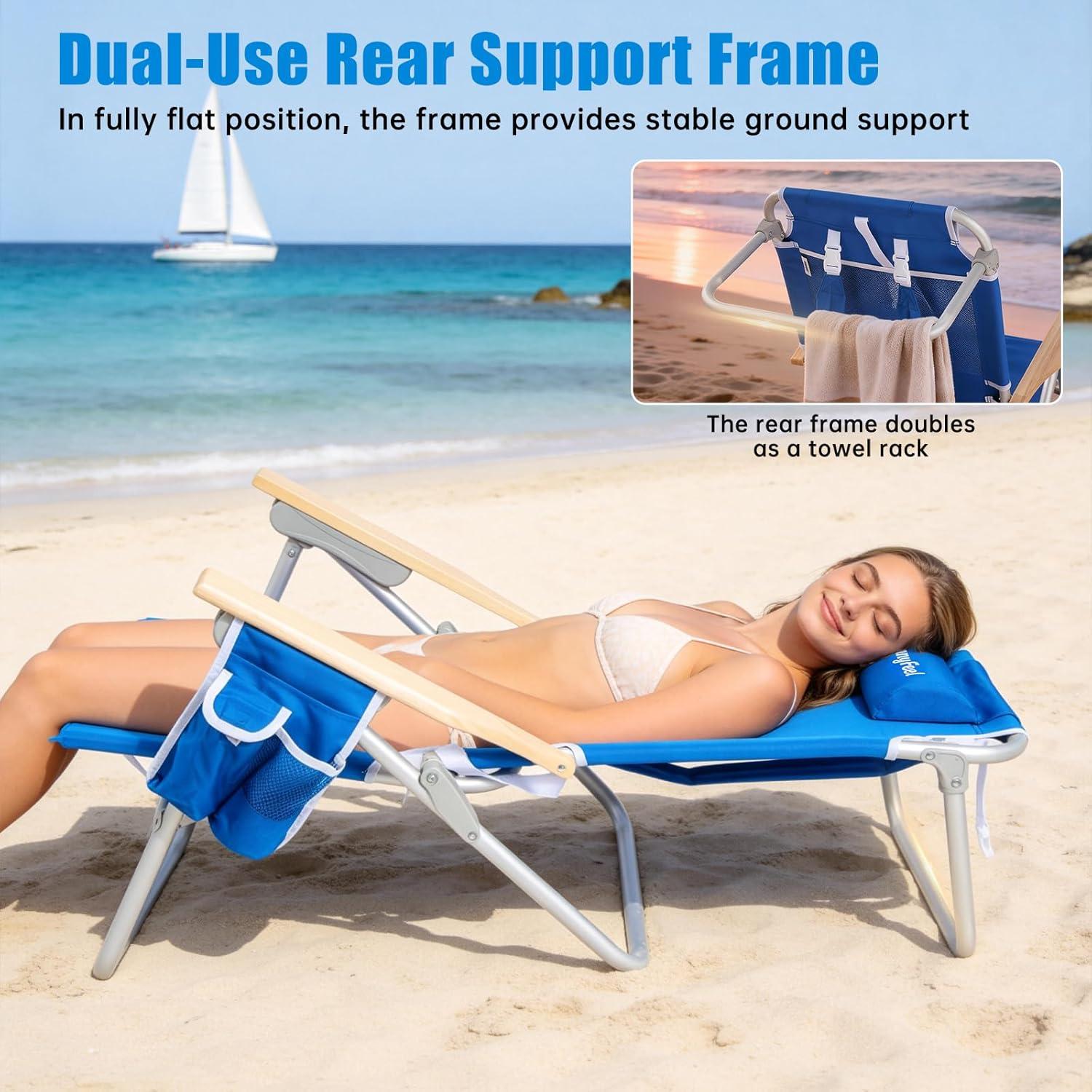image:imageSUNNYFEEL Extra Wide 28 Low Beach Chair 5 Position Lay Flat XL Oversized Portable Folding Camping Chairs with Cup Holder for OutdoorTrip Lightweight Foldable Backpack Beach Chair for AdultsBlue