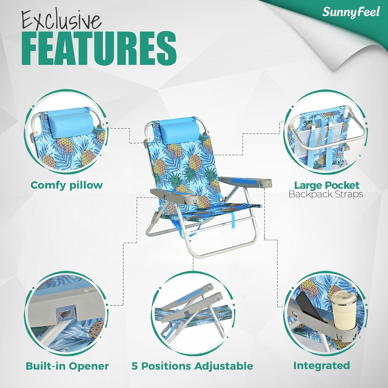 image:imageSUNNYFEEL Extra Wide 28 Low Beach Chair 5 Position Lay Flat XL Oversized Portable Folding Camping Chairs with Cup Holder for OutdoorTrip Lightweight Foldable Backpack Beach Chair for AdultsBlue Pineapple