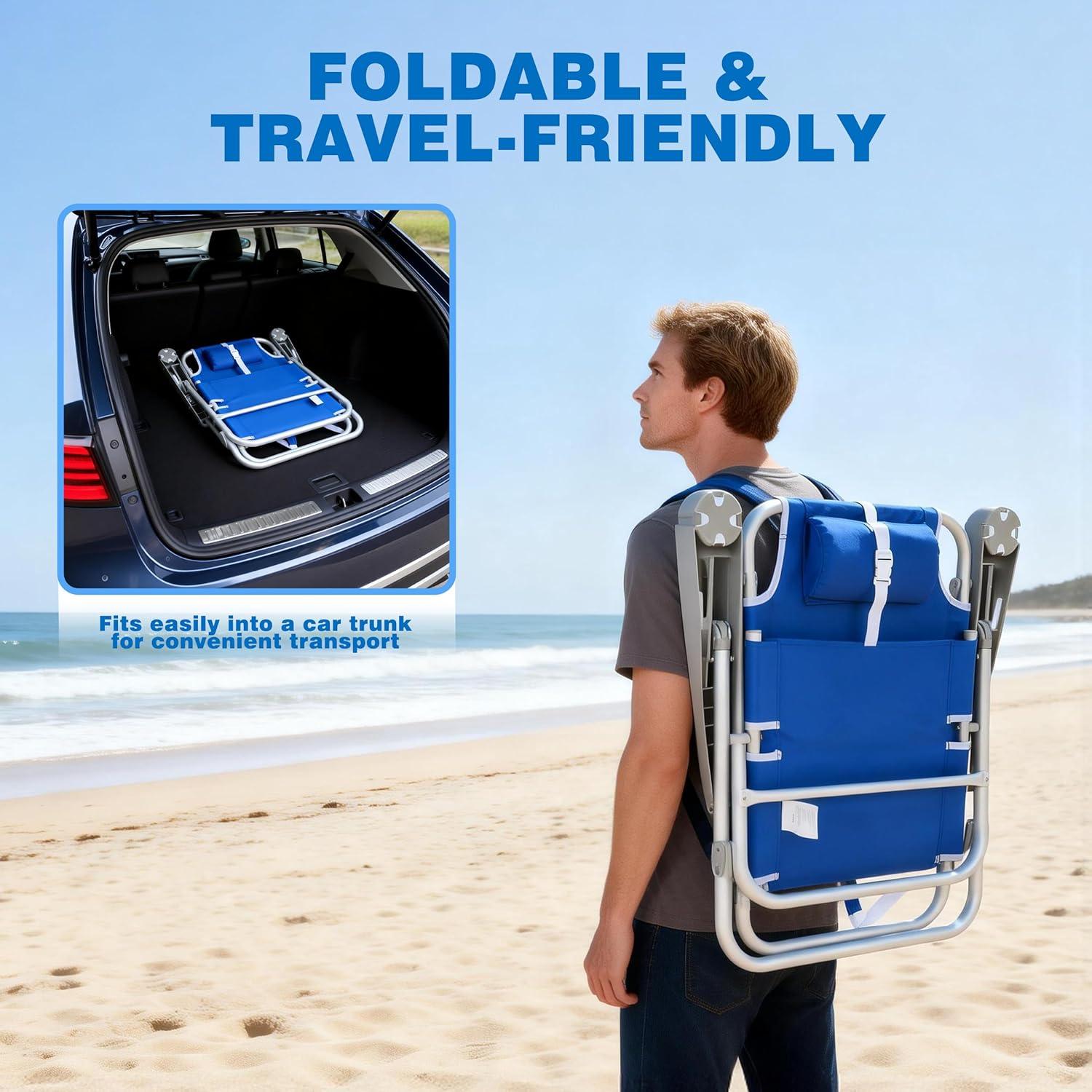 image:imageSUNNYFEEL Extra Wide 28 Low Beach Chair 5 Position Lay Flat XL Oversized Portable Folding Camping Chairs with Cup Holder for OutdoorTrip Lightweight Foldable Backpack Beach Chair for AdultsNavy Blue