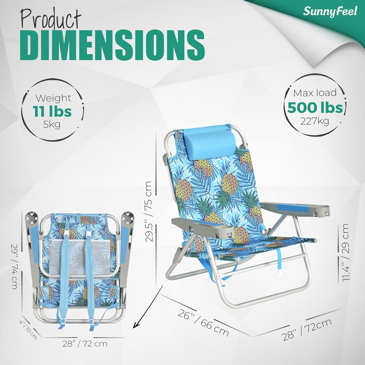image:imageSUNNYFEEL Extra Wide 28 Low Beach Chair 5 Position Lay Flat XL Oversized Portable Folding Camping Chairs with Cup Holder for OutdoorTrip Lightweight Foldable Backpack Beach Chair for AdultsBlue Pineapple