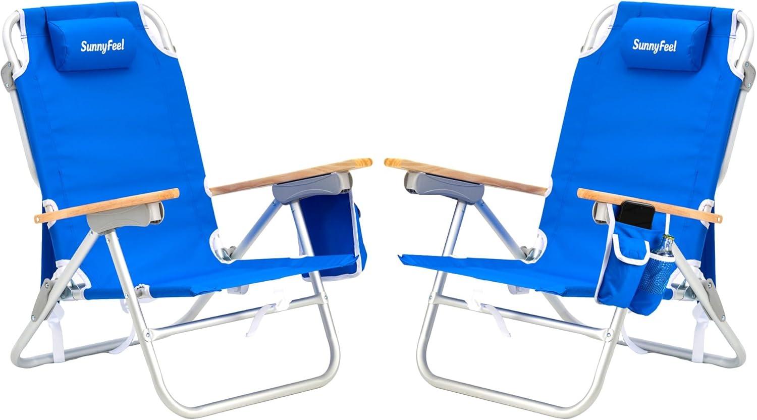 image:imageSUNNYFEEL Extra Wide 28 Low Beach Chair 5 Position Lay Flat XL Oversized Portable Folding Camping Chairs with Cup Holder for OutdoorTrip Lightweight Foldable Backpack Beach Chair for AdultsBlue