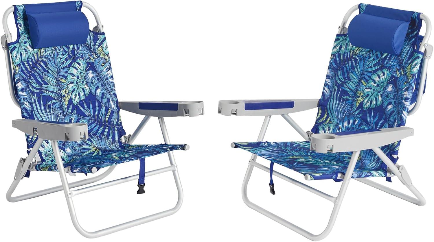 image:imageSUNNYFEEL Extra Wide 28 Low Beach Chair 5 Position Lay Flat XL Oversized Portable Folding Camping Chairs with Cup Holder for OutdoorTrip Lightweight Foldable Backpack Beach Chair for AdultsRainforest