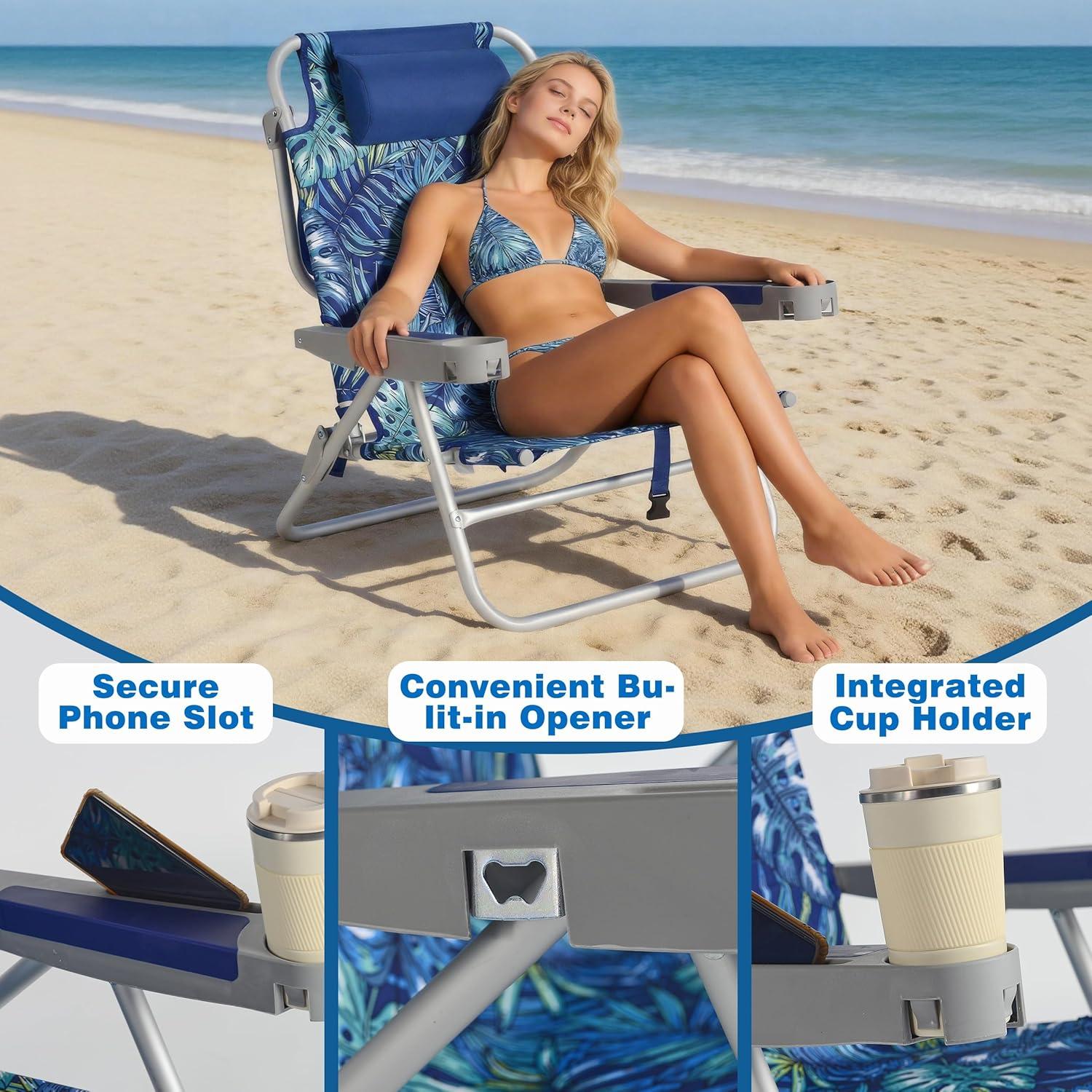 image:imageSUNNYFEEL Extra Wide 28 Low Beach Chair 5 Position Lay Flat XL Oversized Portable Folding Camping Chairs with Cup Holder for OutdoorTrip Lightweight Foldable Backpack Beach Chair for AdultsRainforest