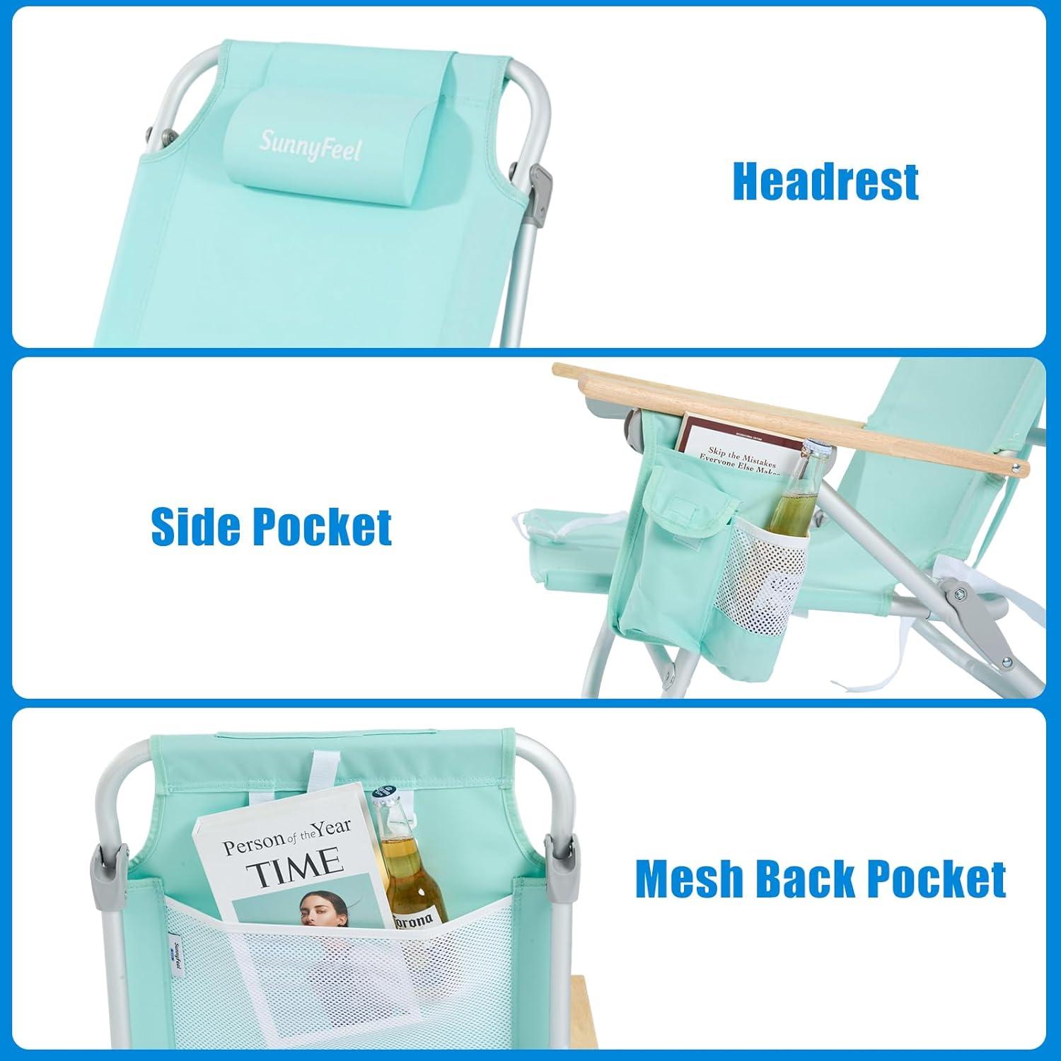 image:imageSUNNYFEEL Extra Wide 28 Low Beach Chair 5 Position Lay Flat XL Oversized Portable Folding Camping Chairs with Cup Holder for OutdoorTrip Lightweight Foldable Backpack Beach Chair for AdultsGreen