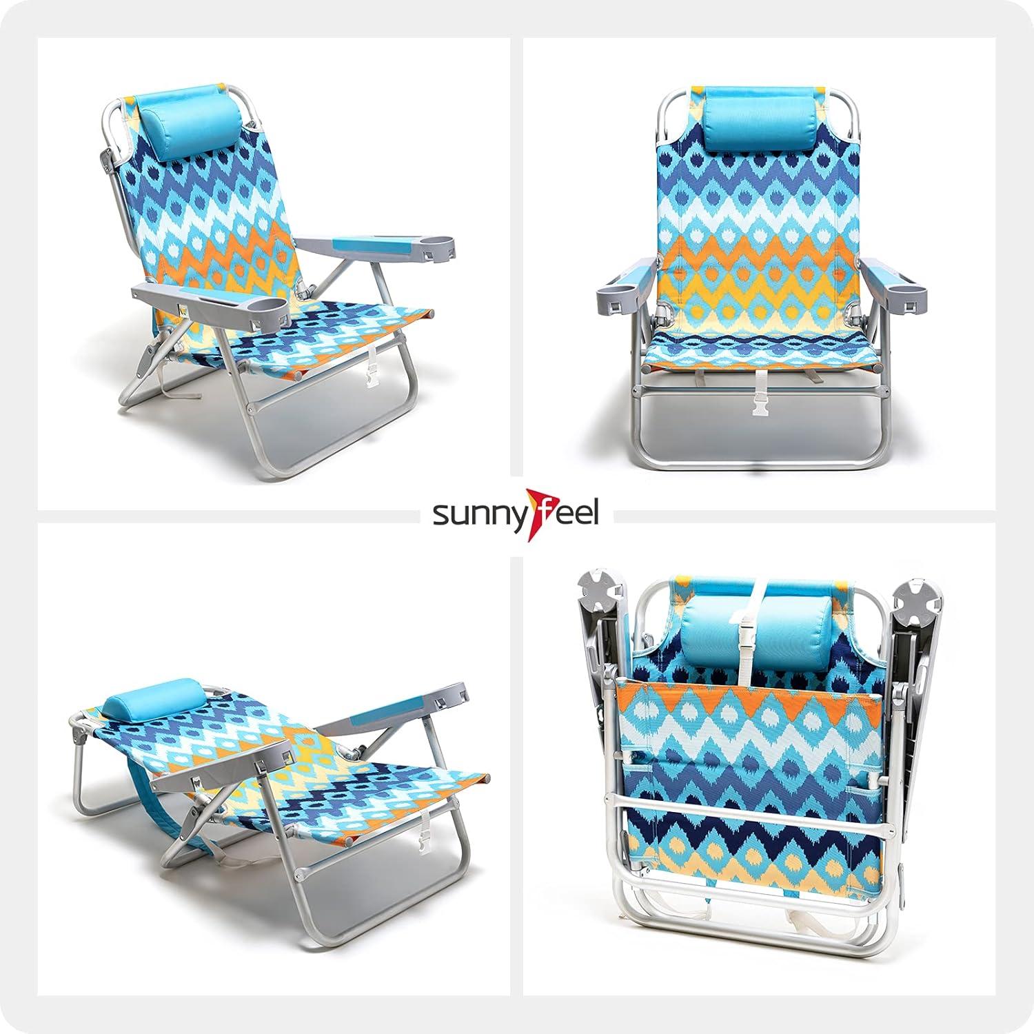 image:imageSUNNYFEEL Extra Wide 28 Low Beach Chair 5 Position Lay Flat XL Oversized Portable Folding Camping Chairs with Cup Holder for OutdoorTrip Lightweight Foldable Backpack Beach Chair for AdultsBlue Wave