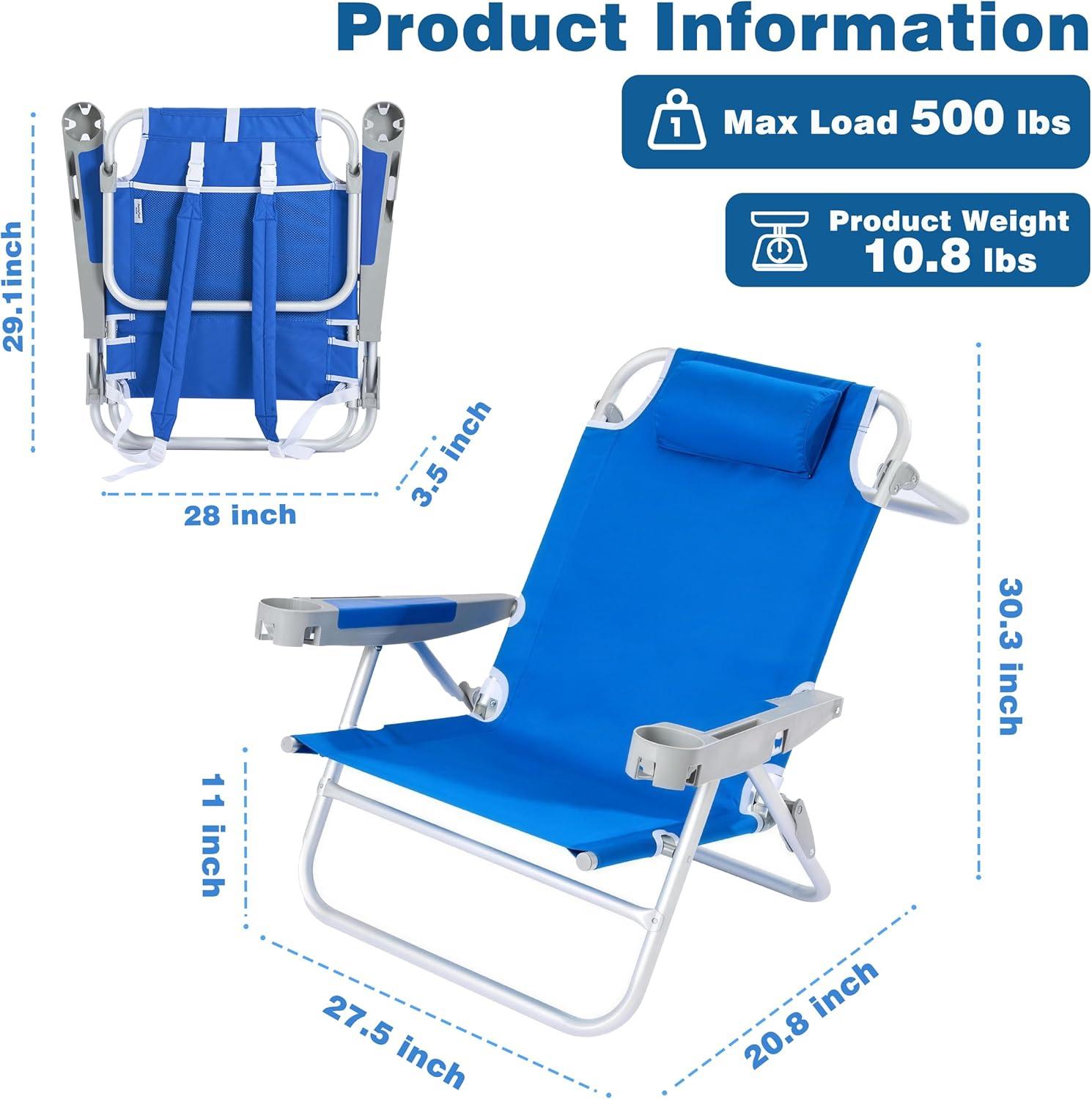 image:imageSUNNYFEEL Extra Wide 28 Low Beach Chair 5 Position Lay Flat XL Oversized Portable Folding Camping Chairs with Cup Holder for OutdoorTrip Lightweight Foldable Backpack Beach Chair for AdultsNavy Blue