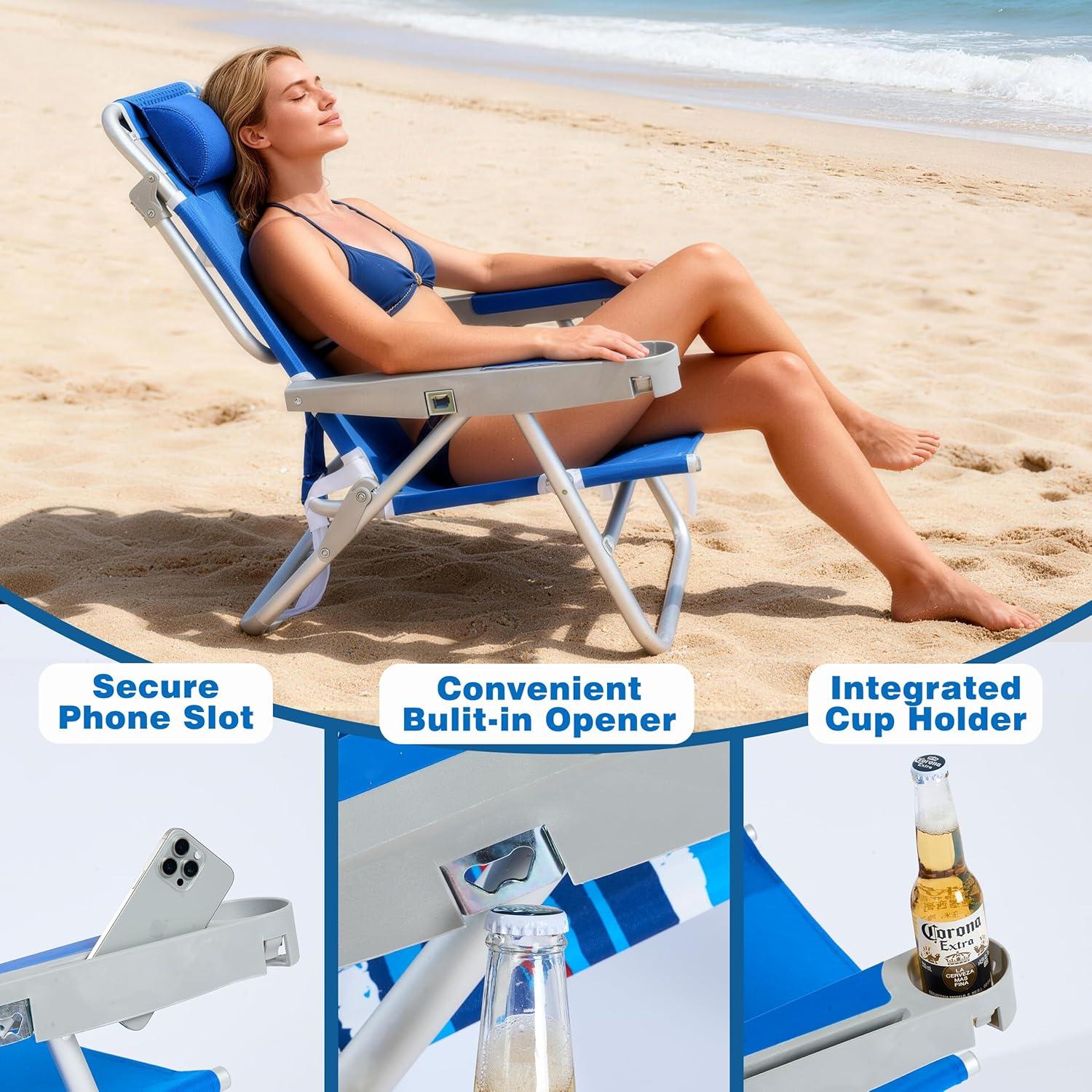 image:imageSUNNYFEEL Extra Wide 28 Low Beach Chair 5 Position Lay Flat XL Oversized Portable Folding Camping Chairs with Cup Holder for OutdoorTrip Lightweight Foldable Backpack Beach Chair for AdultsNavy Blue