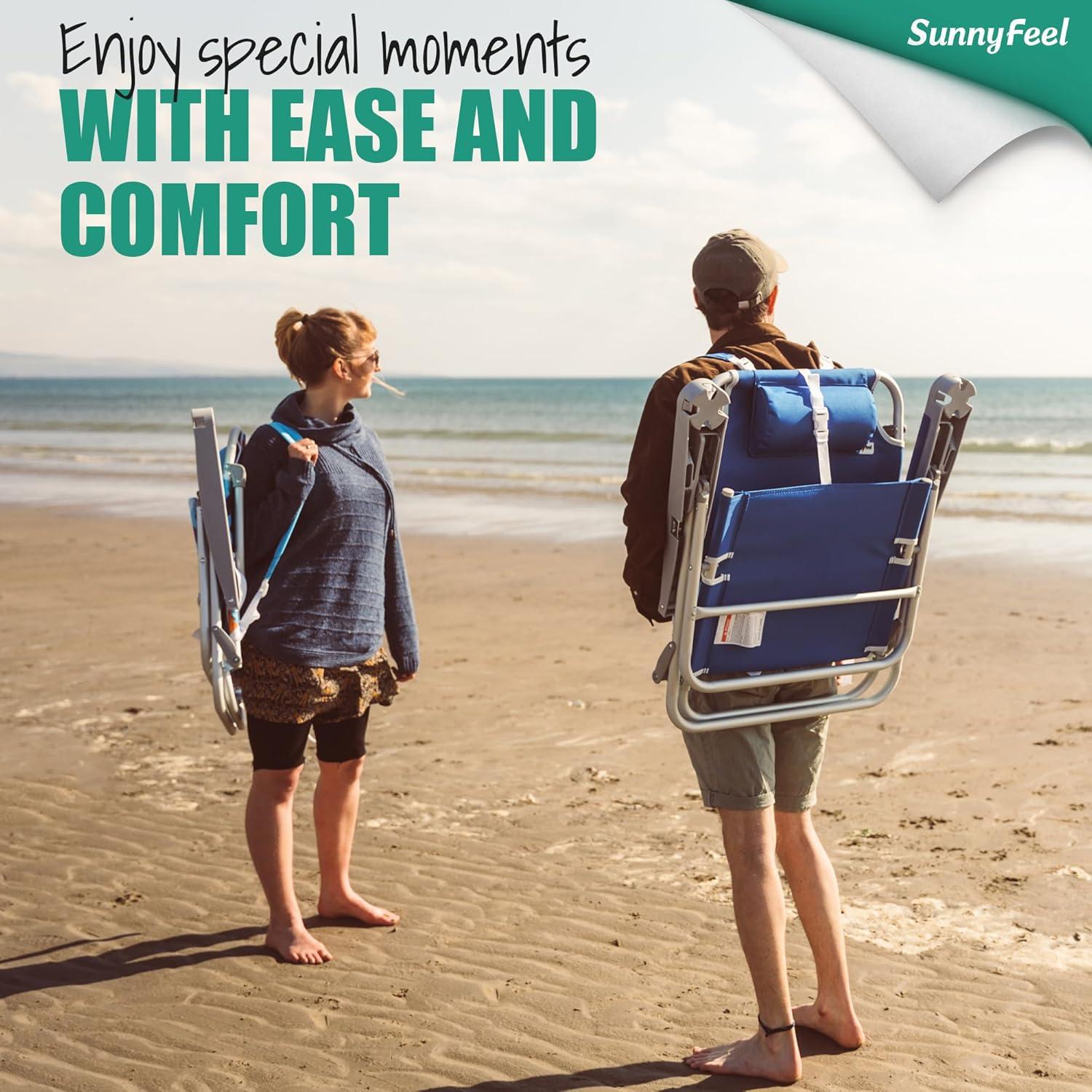 image:imageSUNNYFEEL Extra Wide 28 Low Beach Chair 5 Position Lay Flat XL Oversized Portable Folding Camping Chairs with Cup Holder for OutdoorTrip Lightweight Foldable Backpack Beach Chair for AdultsBlue Wave