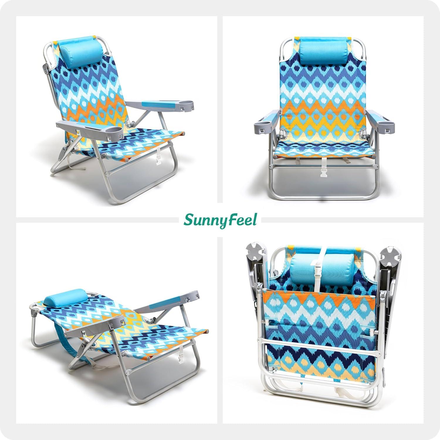 image:imageSUNNYFEEL Extra Wide 28 Low Beach Chair 5 Position Lay Flat XL Oversized Portable Folding Camping Chairs with Cup Holder for OutdoorTrip Lightweight Foldable Backpack Beach Chair for AdultsBlue Wave