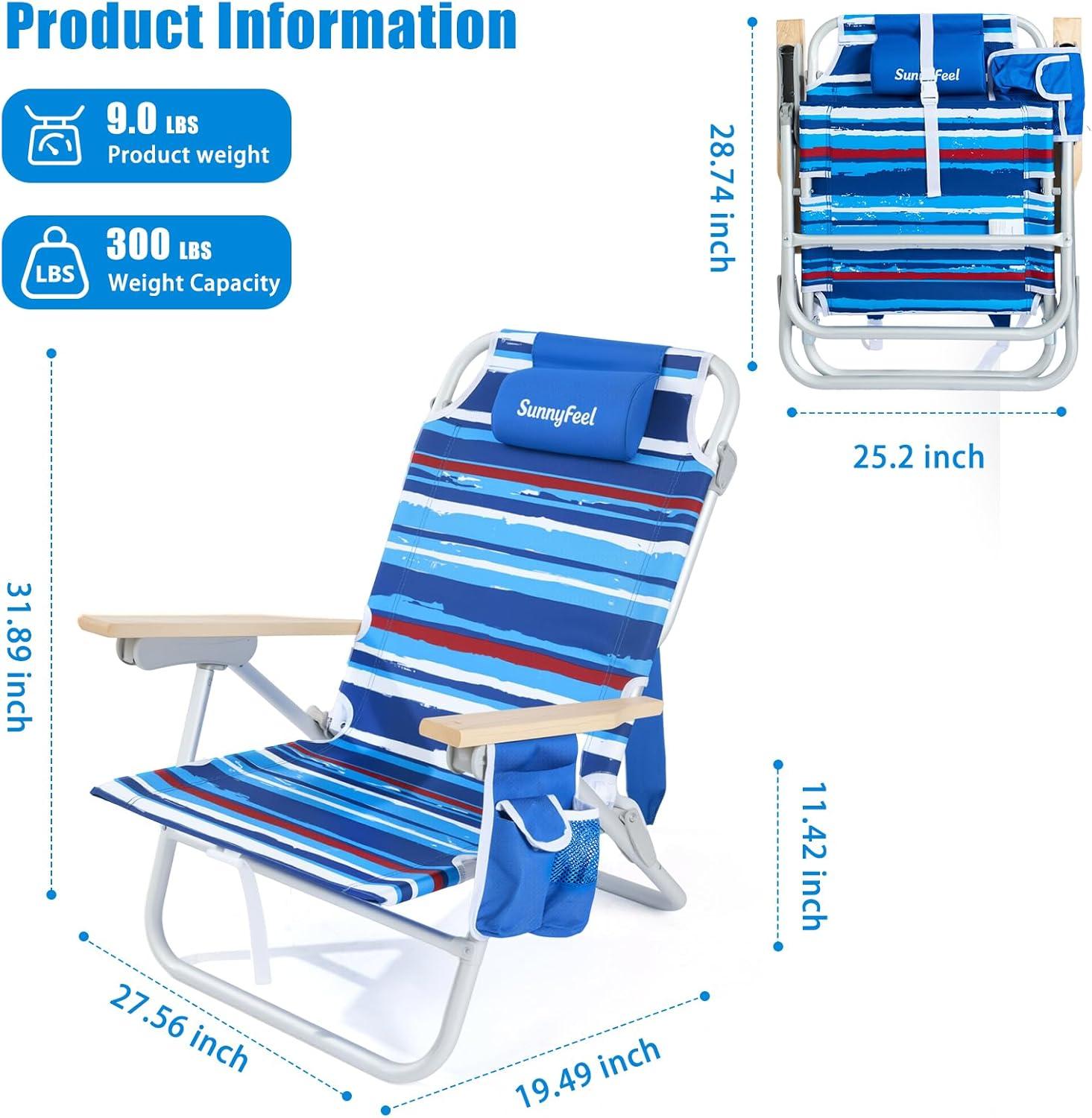 image:imageSUNNYFEEL Extra Wide 28 Low Beach Chair 5 Position Lay Flat XL Oversized Portable Folding Camping Chairs with Cup Holder for OutdoorTrip Lightweight Foldable Backpack Beach Chair for AdultsStripe