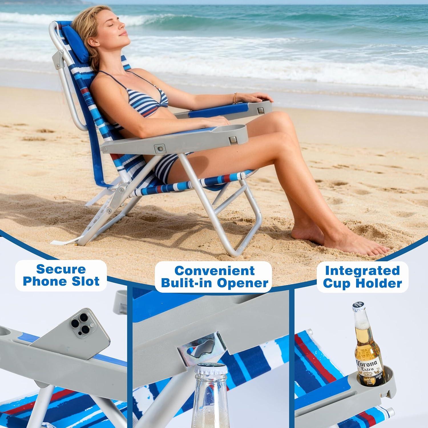 image:imageSUNNYFEEL Extra Wide 28 Low Beach Chair 5 Position Lay Flat XL Oversized Portable Folding Camping Chairs with Cup Holder for OutdoorTrip Lightweight Foldable Backpack Beach Chair for AdultsDarkblue Stripe