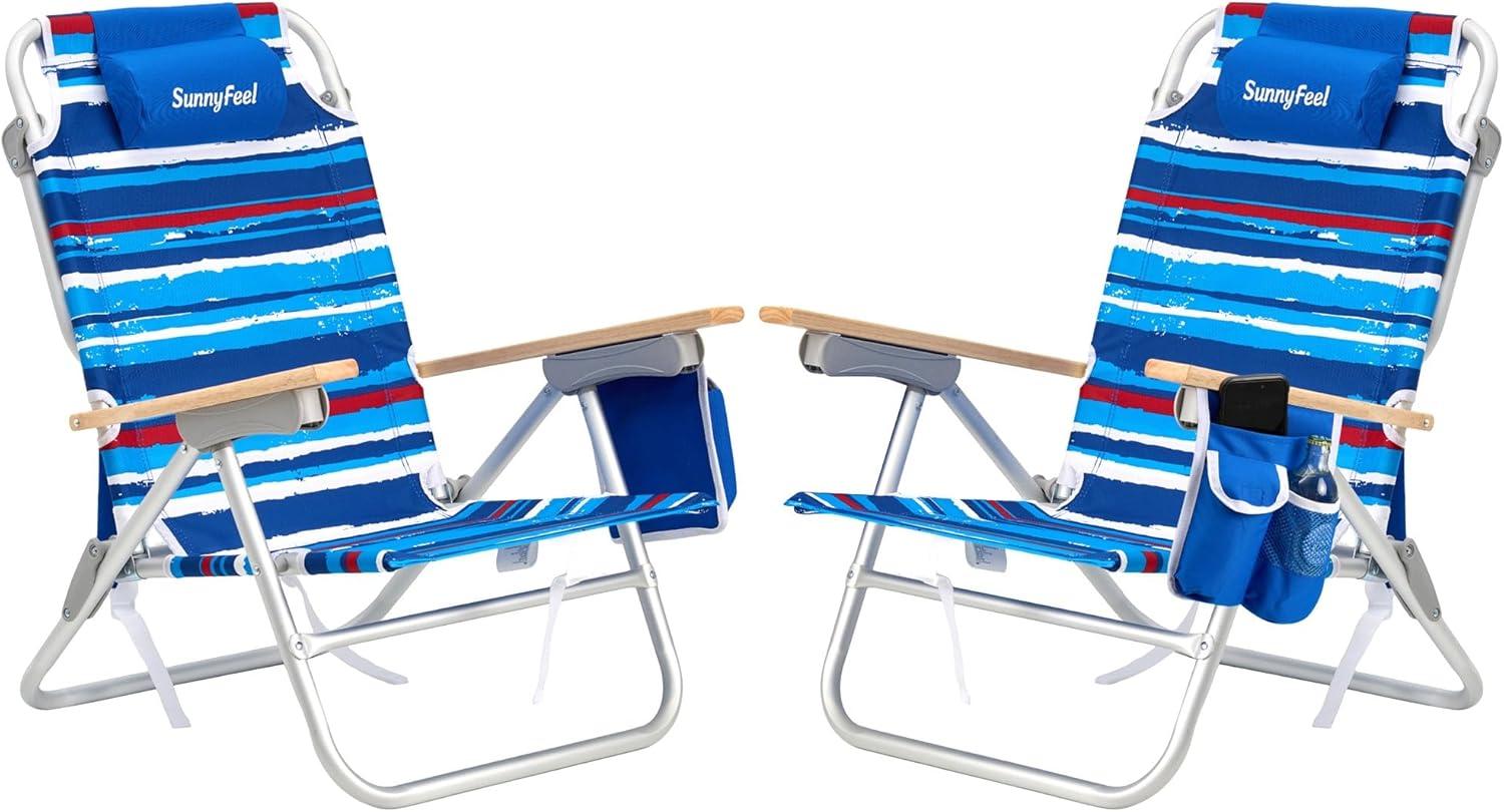 image:imageSUNNYFEEL Extra Wide 28 Low Beach Chair 5 Position Lay Flat XL Oversized Portable Folding Camping Chairs with Cup Holder for OutdoorTrip Lightweight Foldable Backpack Beach Chair for AdultsStripe