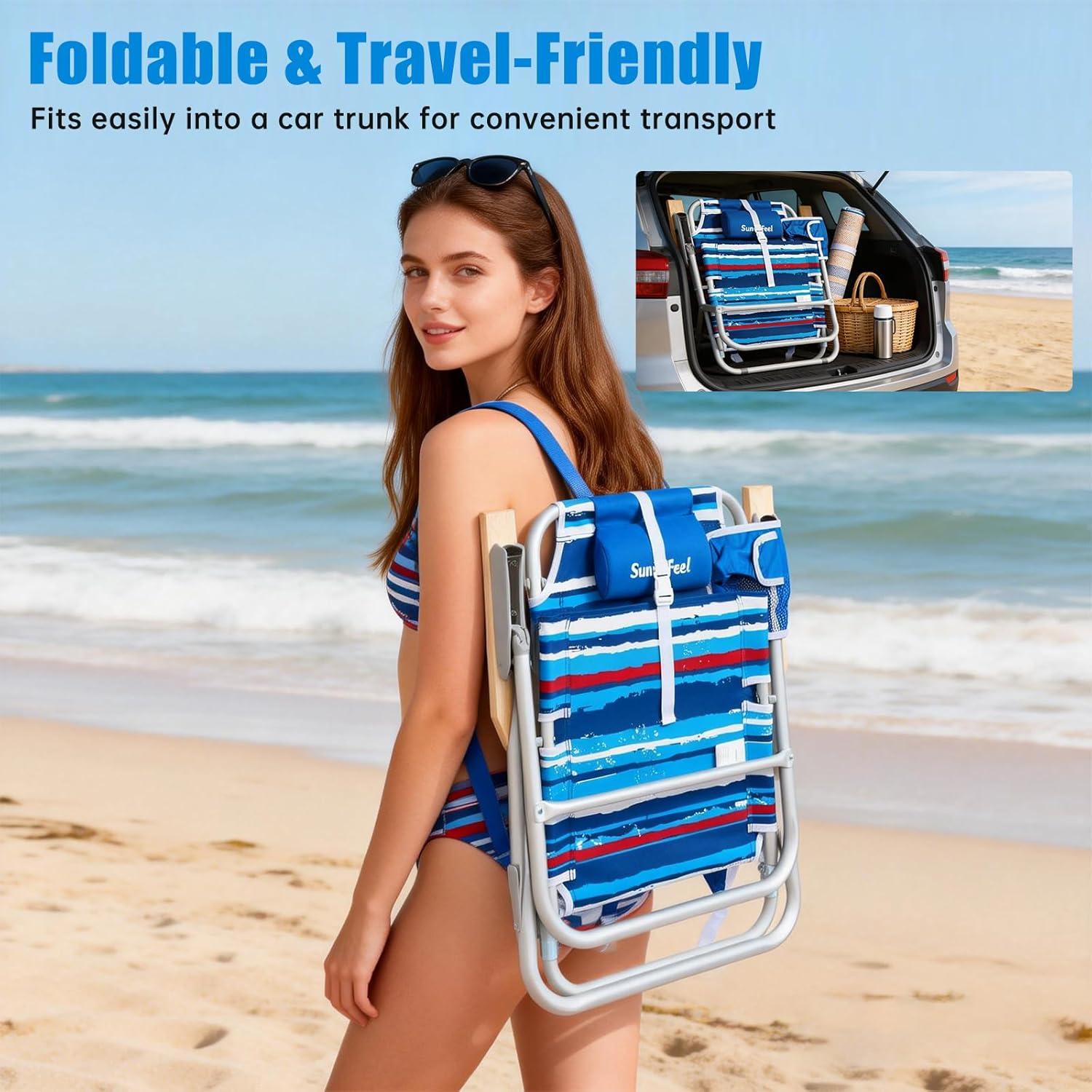 image:imageSUNNYFEEL Extra Wide 28 Low Beach Chair 5 Position Lay Flat XL Oversized Portable Folding Camping Chairs with Cup Holder for OutdoorTrip Lightweight Foldable Backpack Beach Chair for AdultsStripe