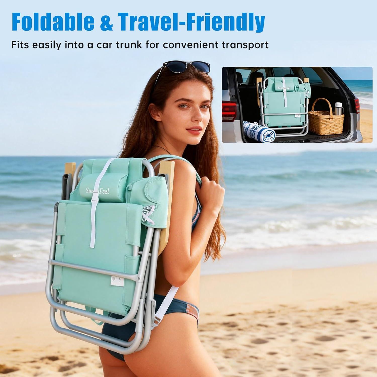 image:imageSUNNYFEEL Extra Wide 28 Low Beach Chair 5 Position Lay Flat XL Oversized Portable Folding Camping Chairs with Cup Holder for OutdoorTrip Lightweight Foldable Backpack Beach Chair for AdultsGreen