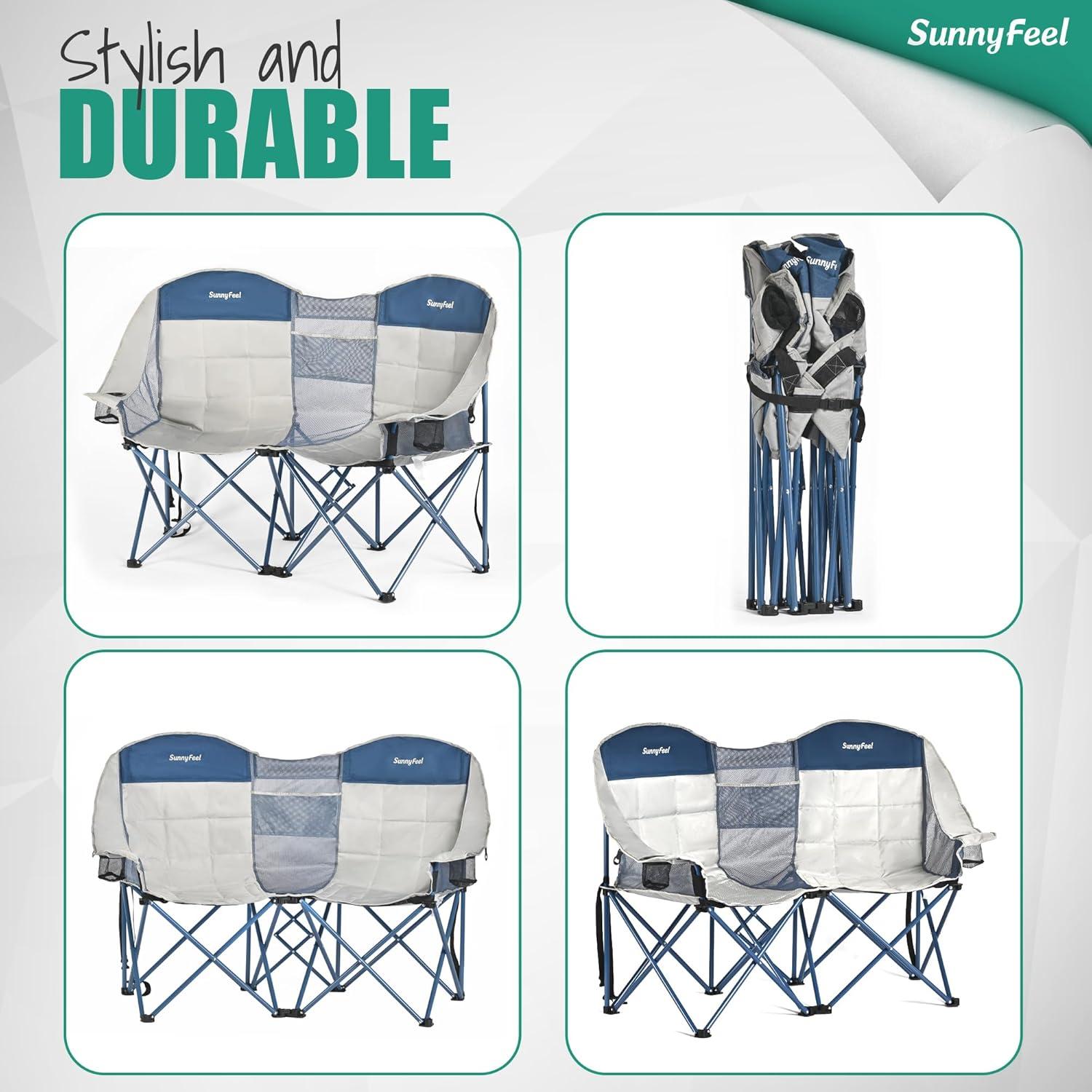 image:imageSUNNYFEEL Folding Double Camping Chair Oversized Loveseat Chair Heavy Duty PortableFoldable Lawn Chair with Storage for OutsideOutdoorTravelPicnic Fold Up Camp Chairs for Adults 2 PeopleGreyblue