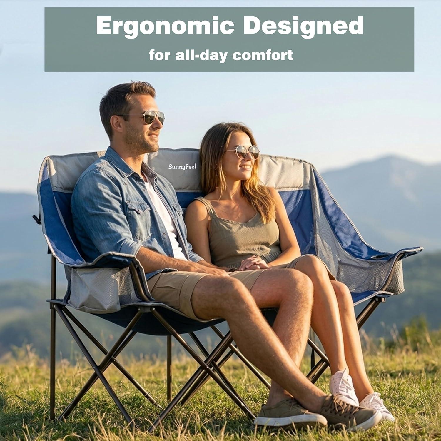image:imageSUNNYFEEL Folding Double Camping Chair Oversized Loveseat Chair Heavy Duty PortableFoldable Lawn Chair with Storage for OutsideOutdoorTravelPicnic Fold Up Camp Chairs for Adults 2 PeopleDark Bluecooler