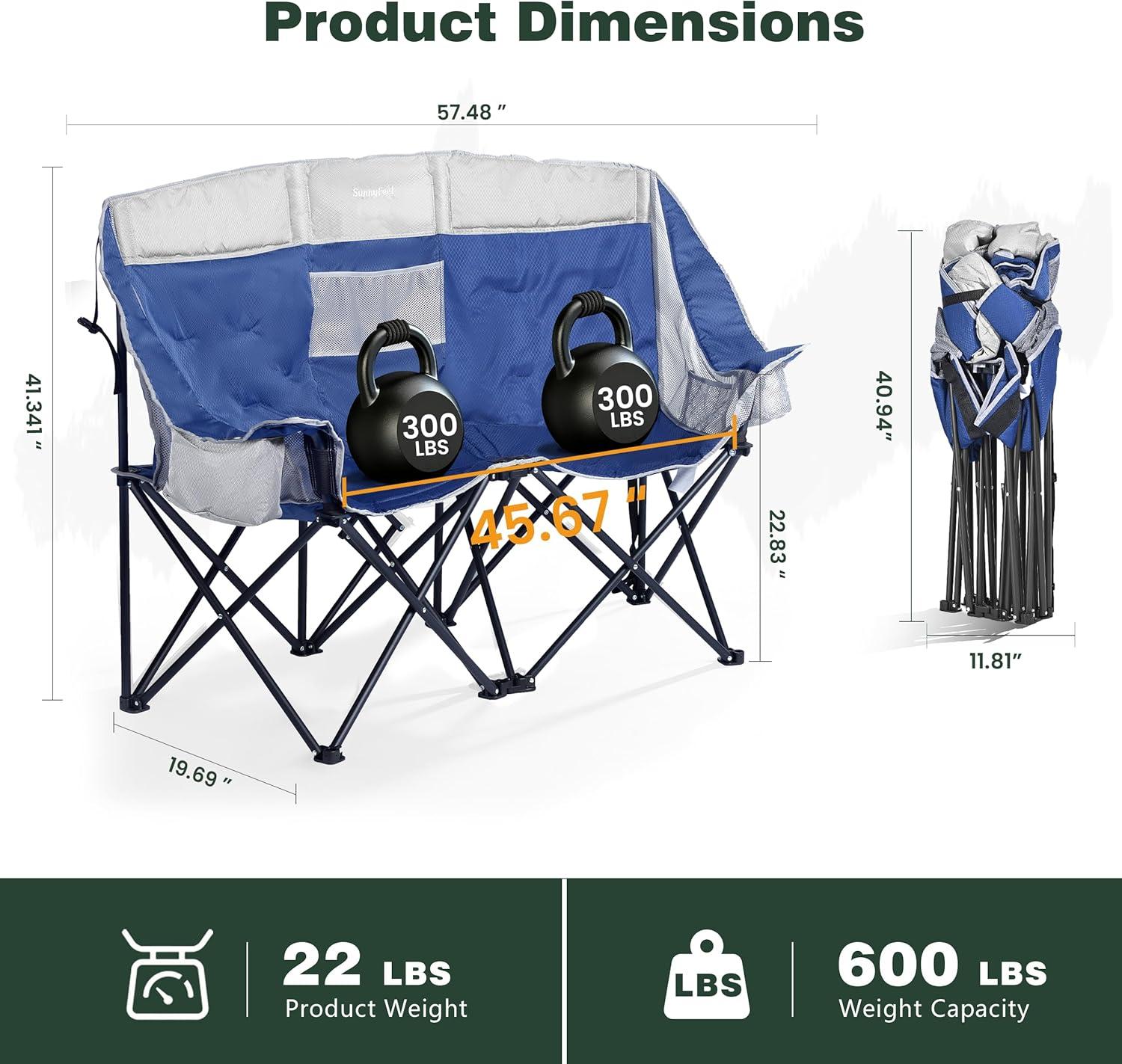image:imageSUNNYFEEL Folding Double Camping Chair Oversized Loveseat Chair Heavy Duty PortableFoldable Lawn Chair with Storage for OutsideOutdoorTravelPicnic Fold Up Camp Chairs for Adults 2 PeopleDark Bluecooler