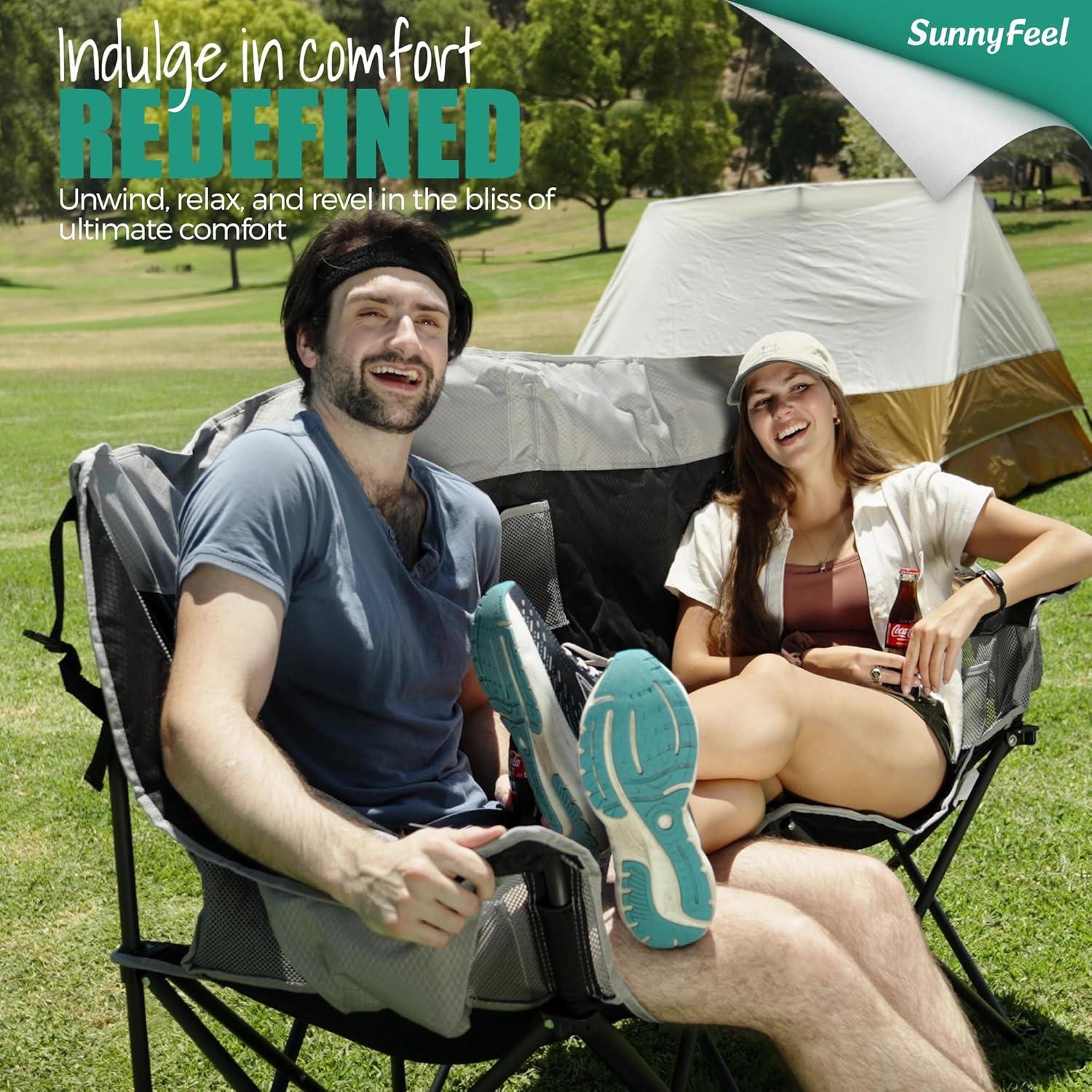 image:imageSUNNYFEEL Folding Double Camping Chair Oversized Loveseat Chair Heavy Duty PortableFoldable Lawn Chair with Storage for OutsideOutdoorTravelPicnic Fold Up Camp Chairs for Adults 2 PeopleDark Blue