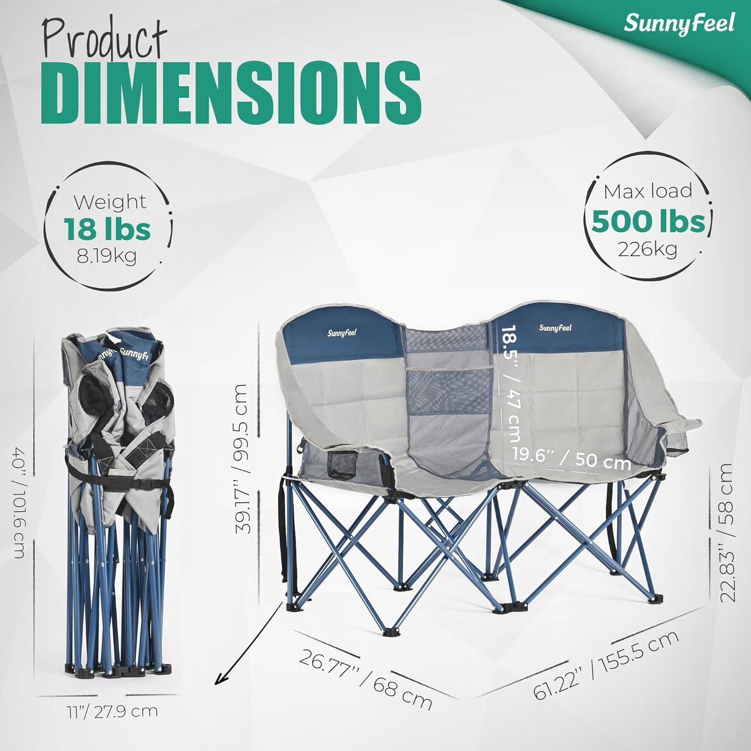 image:imageSUNNYFEEL Folding Double Camping Chair Oversized Loveseat Chair Heavy Duty PortableFoldable Lawn Chair with Storage for OutsideOutdoorTravelPicnic Fold Up Camp Chairs for Adults 2 PeopleGreyblue