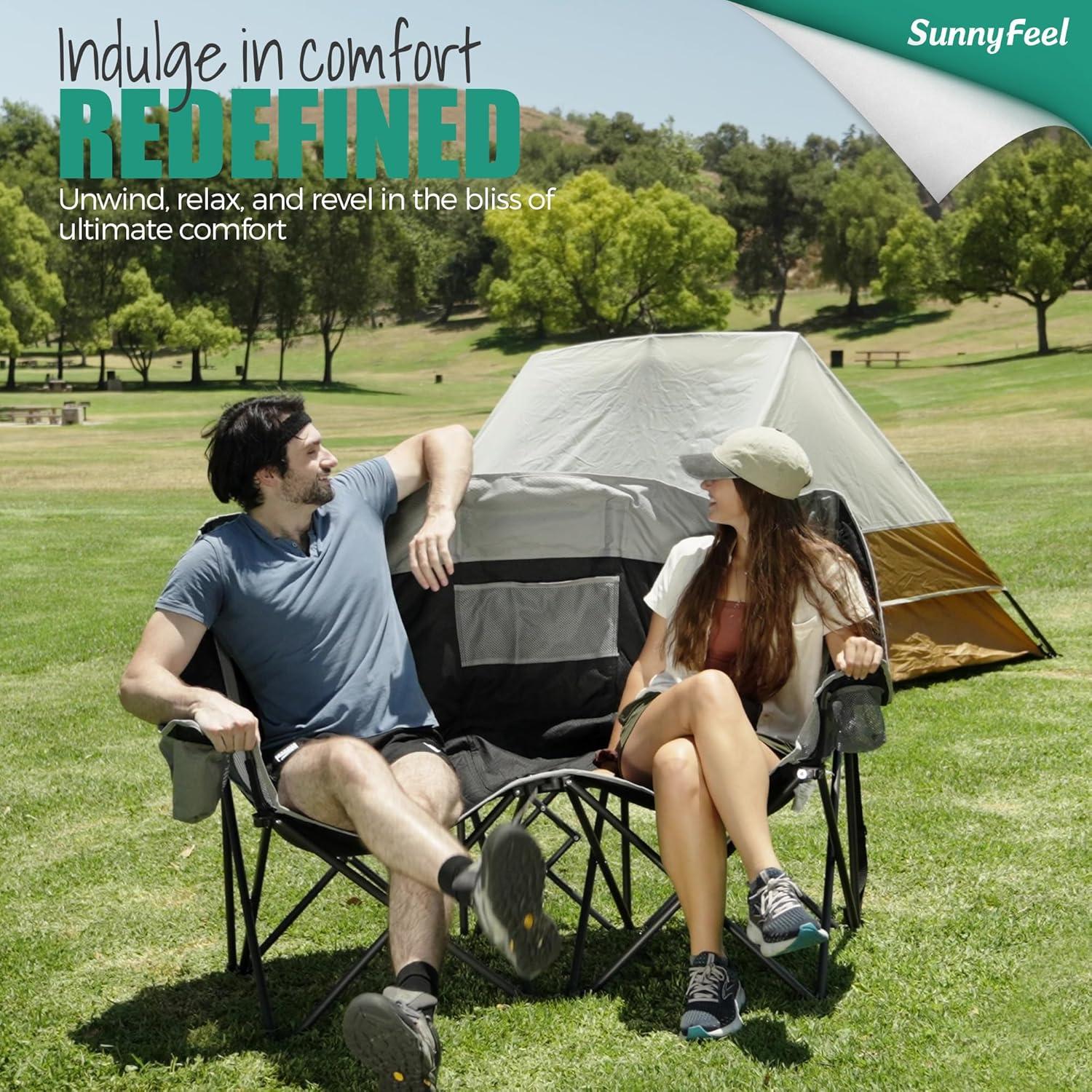 image:imageSUNNYFEEL Folding Double Camping Chair Oversized Loveseat Chair Heavy Duty PortableFoldable Lawn Chair with Storage for OutsideOutdoorTravelPicnic Fold Up Camp Chairs for Adults 2 PeopleGreyblue