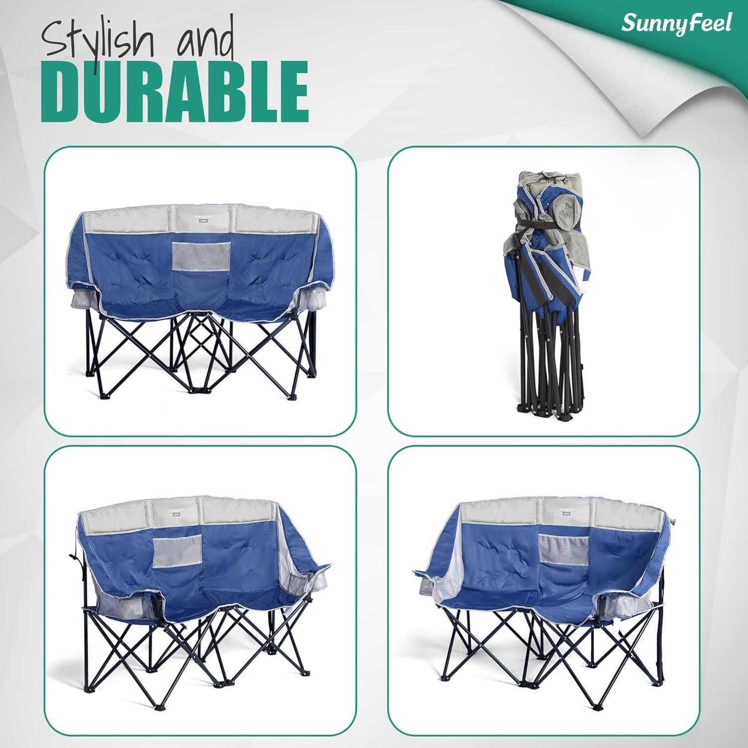 image:imageSUNNYFEEL Folding Double Camping Chair Oversized Loveseat Chair Heavy Duty PortableFoldable Lawn Chair with Storage for OutsideOutdoorTravelPicnic Fold Up Camp Chairs for Adults 2 PeopleDark Blue