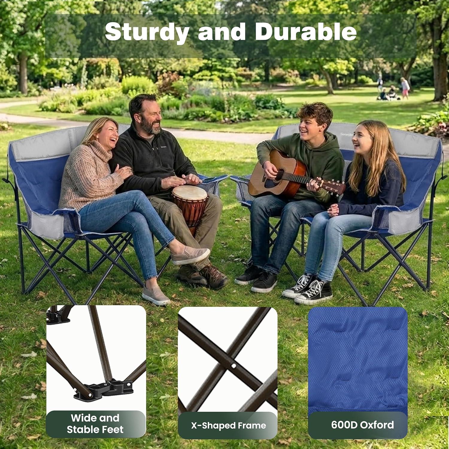 image:imageSUNNYFEEL Folding Double Camping Chair Oversized Loveseat Chair Heavy Duty PortableFoldable Lawn Chair with Storage for OutsideOutdoorTravelPicnic Fold Up Camp Chairs for Adults 2 PeopleDark Bluecooler